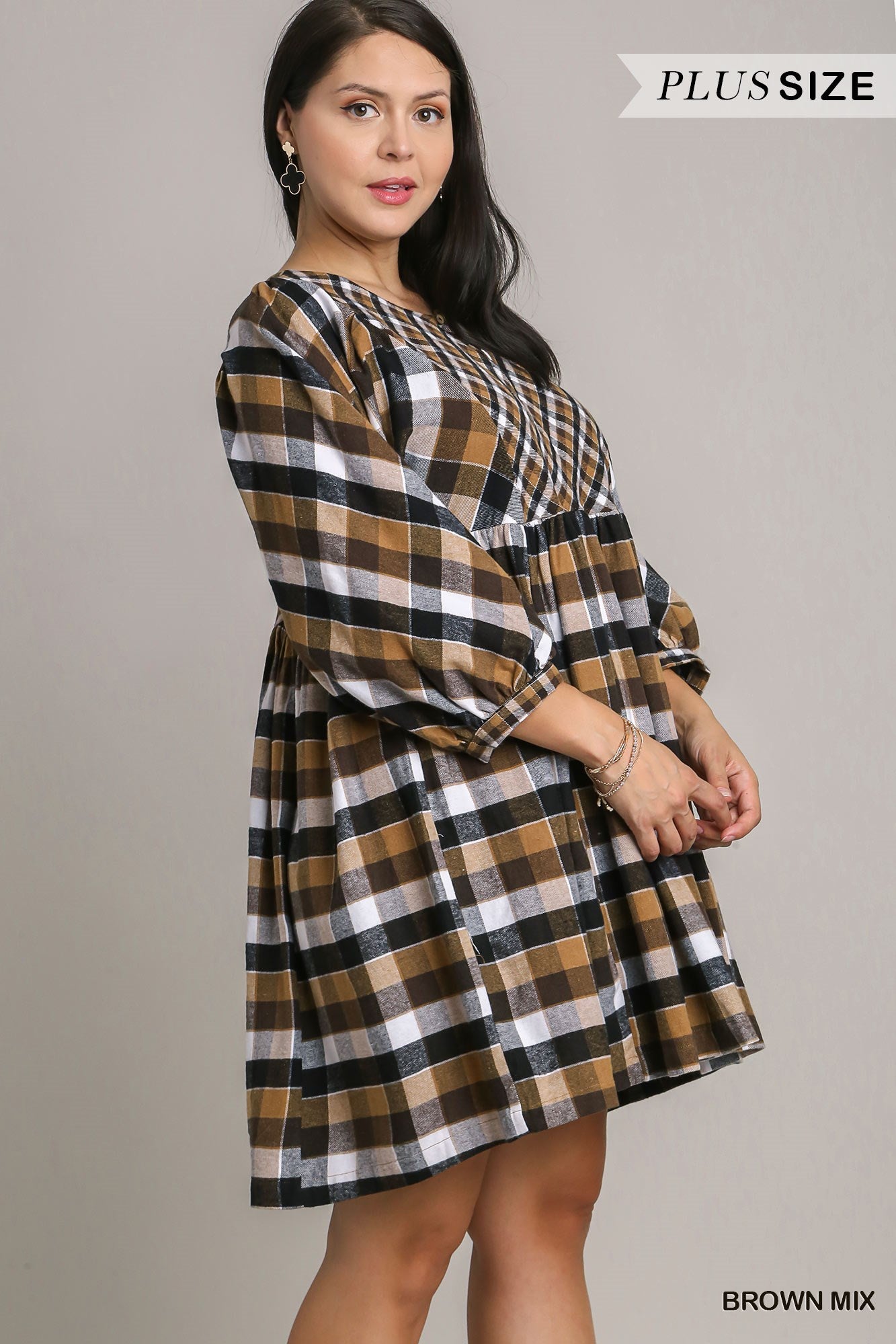 Umgee Plus Contrast Plaid BabyDoll Front Keyhole Dress