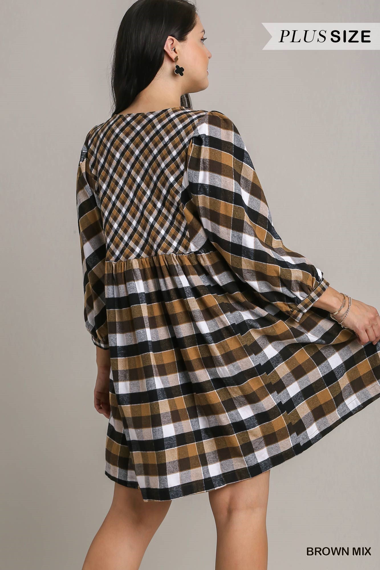 Umgee Plus Contrast Plaid BabyDoll Front Keyhole Dress