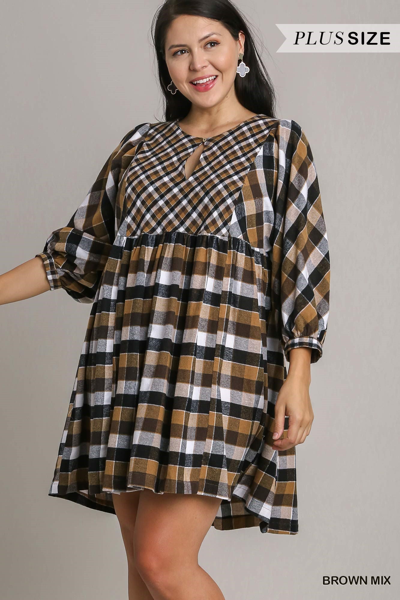 Umgee Plus Contrast Plaid BabyDoll Front Keyhole Dress