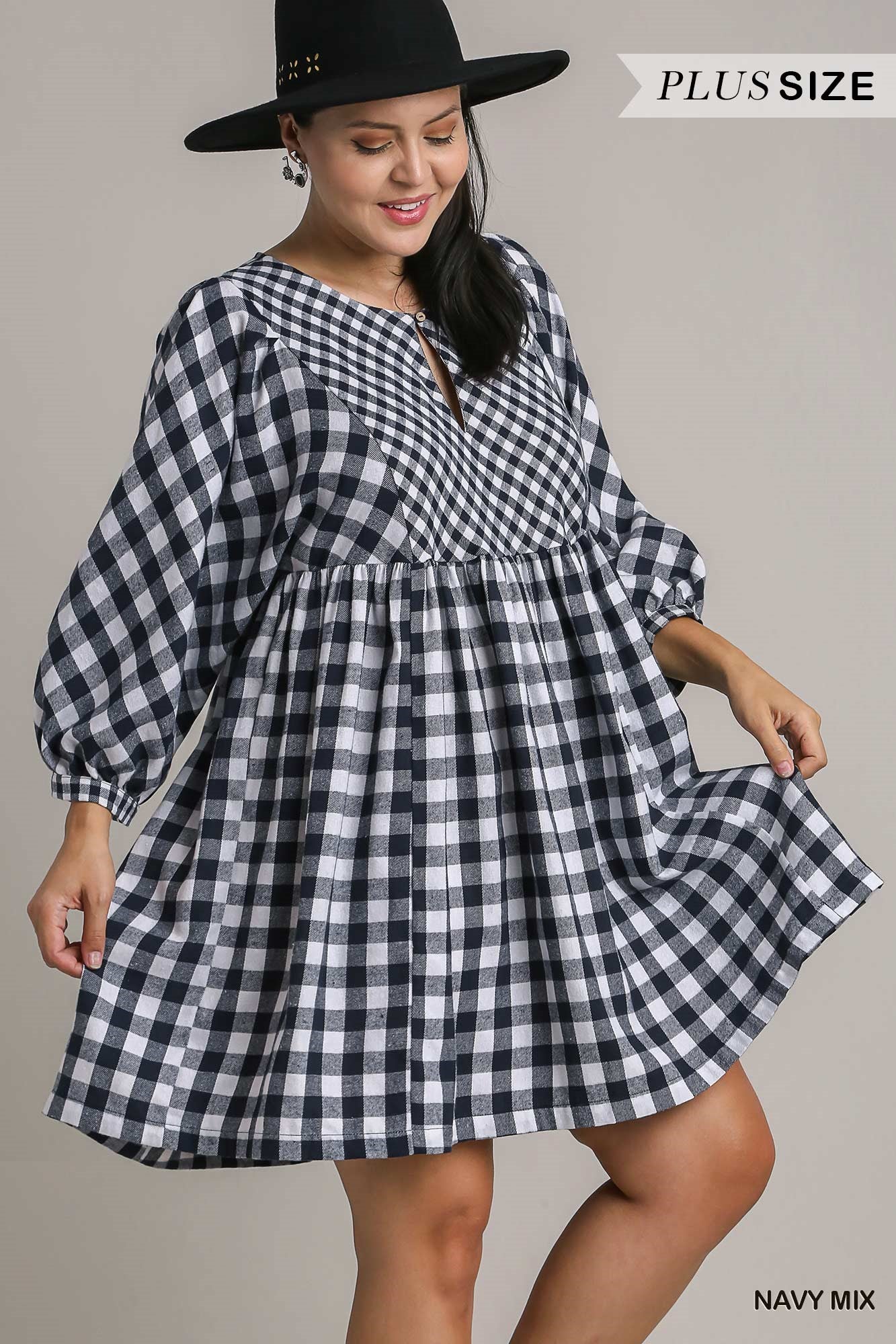 Umgee Plus Contrast Plaid BabyDoll Front Keyhole Dress