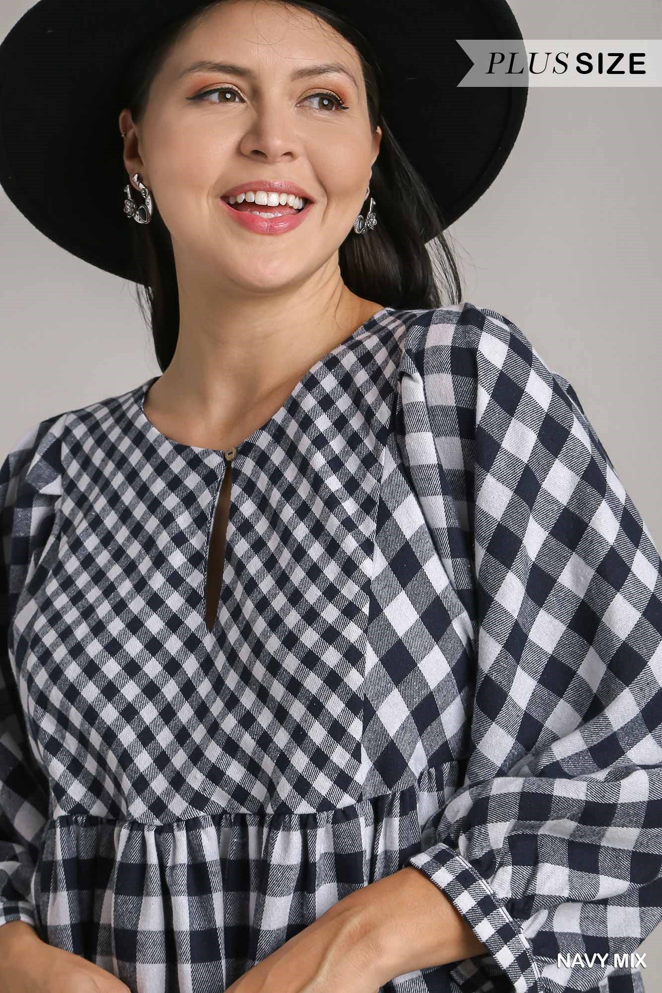 Umgee Plus Contrast Plaid BabyDoll Front Keyhole Dress