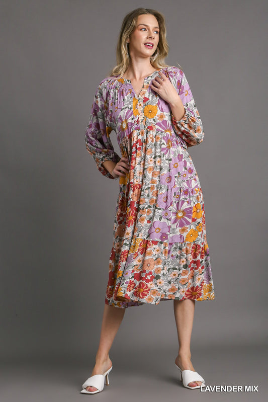 Umgee Mix Floral Printed Side Pockets Midi Dress - Roulhac Fashion Boutique
