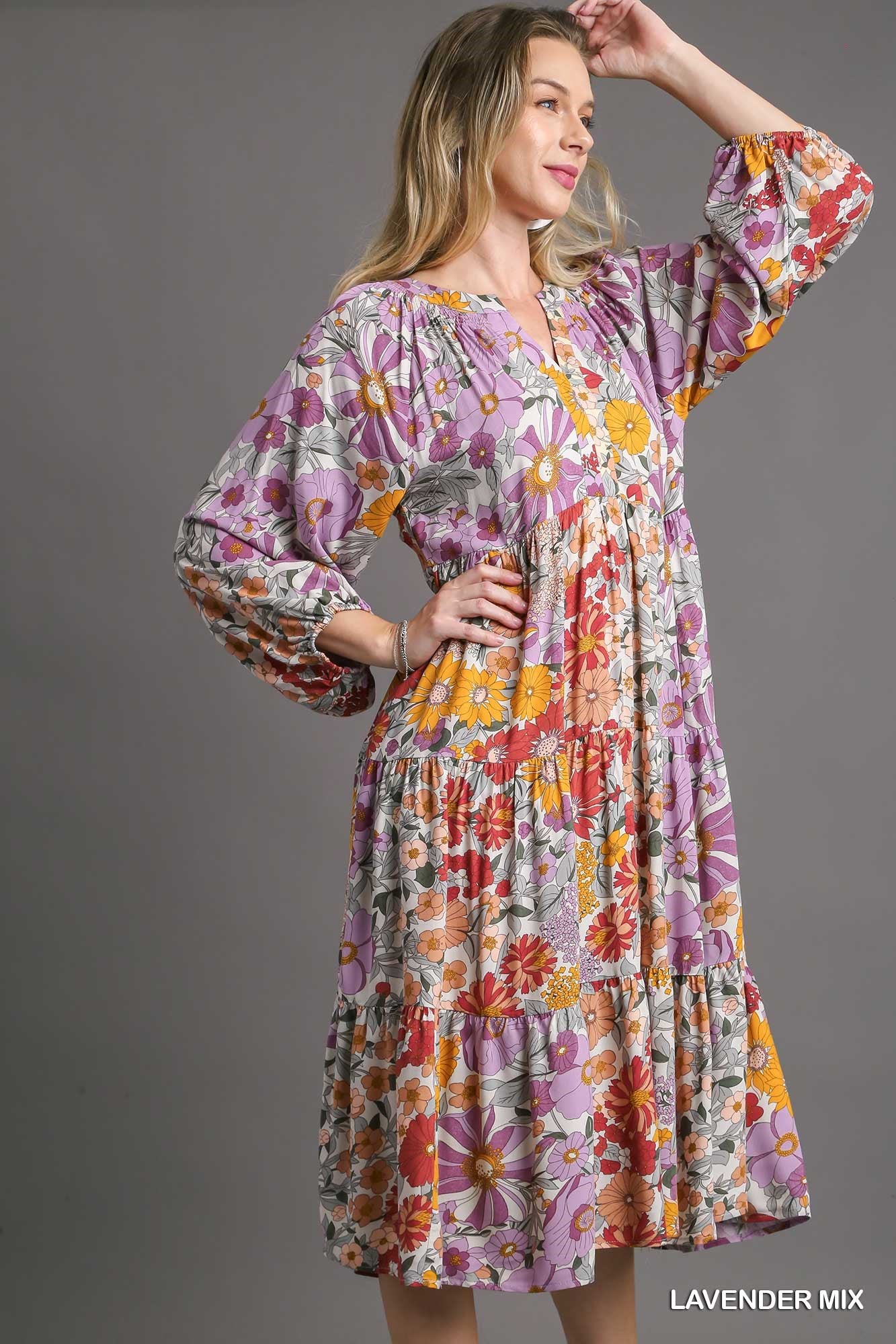 Umgee Mix Floral Printed Side Pockets Midi Dress - Roulhac Fashion Boutique