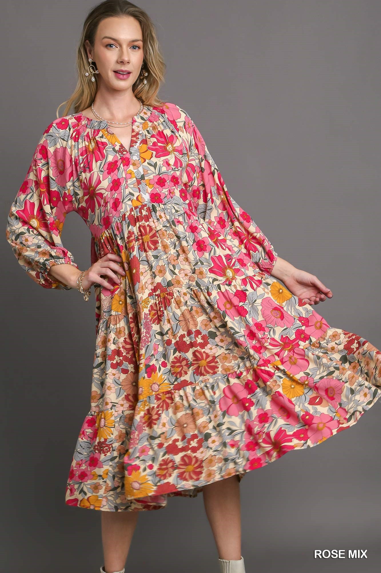 Umgee Mix Floral Printed Side Pockets Midi Dress - Roulhac Fashion Boutique