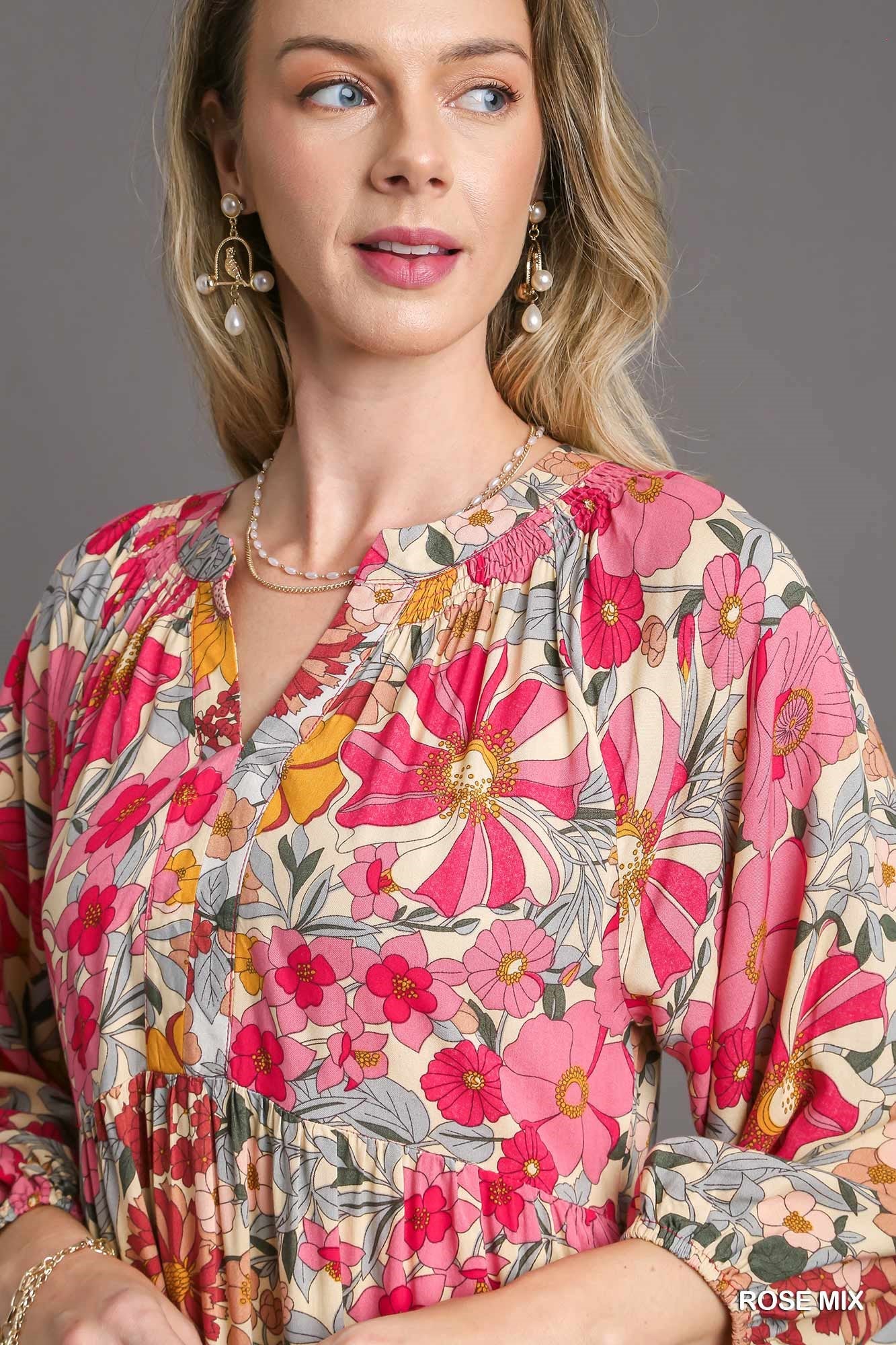 Umgee Mix Floral Printed Side Pockets Midi Dress - Roulhac Fashion Boutique