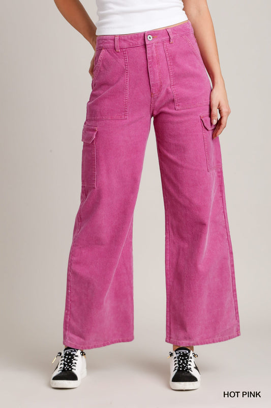 Umgee Solid Mineral Wash Corduroy Straight Cargo Pants