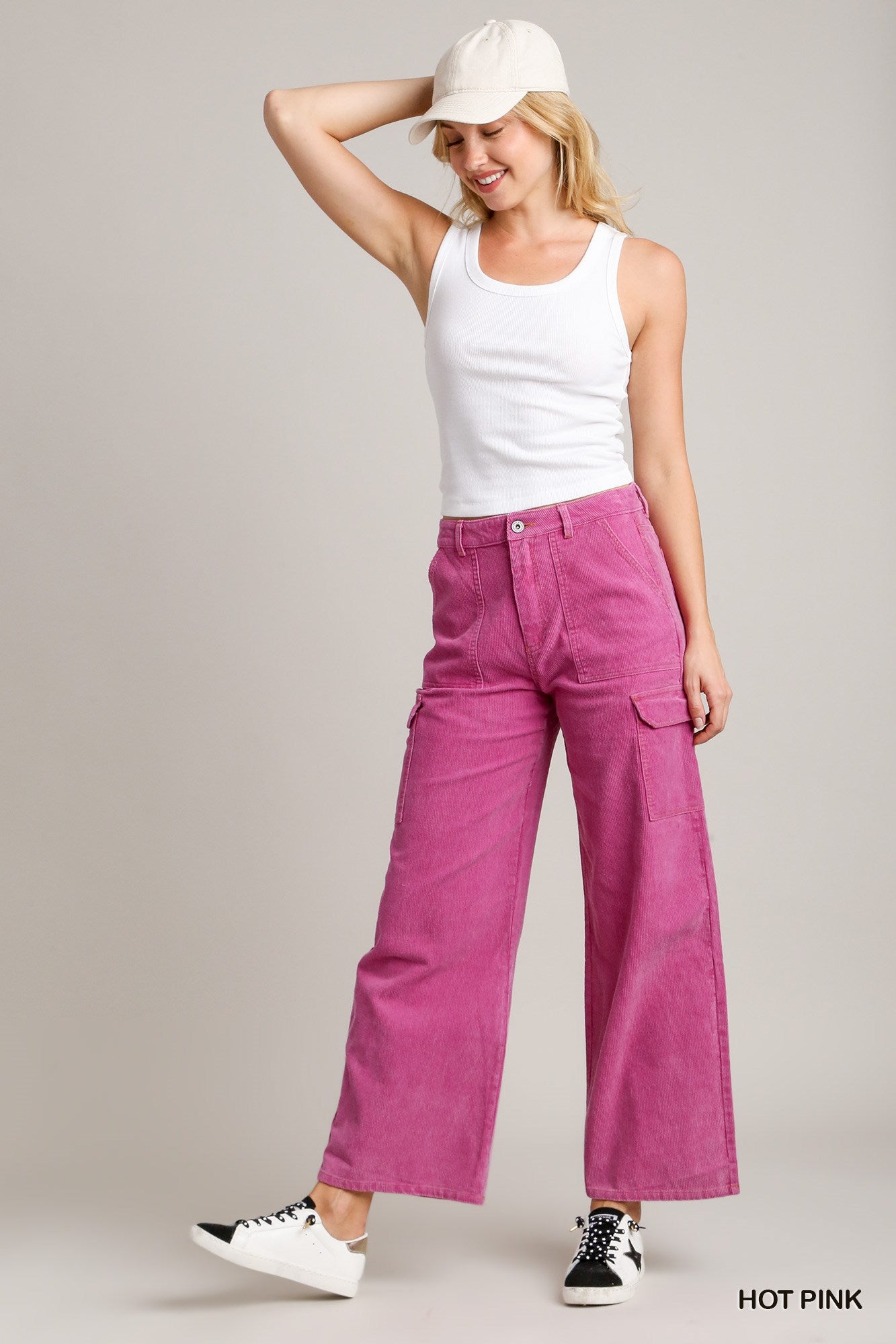 Umgee Solid Mineral Wash Corduroy Straight Cargo Pants