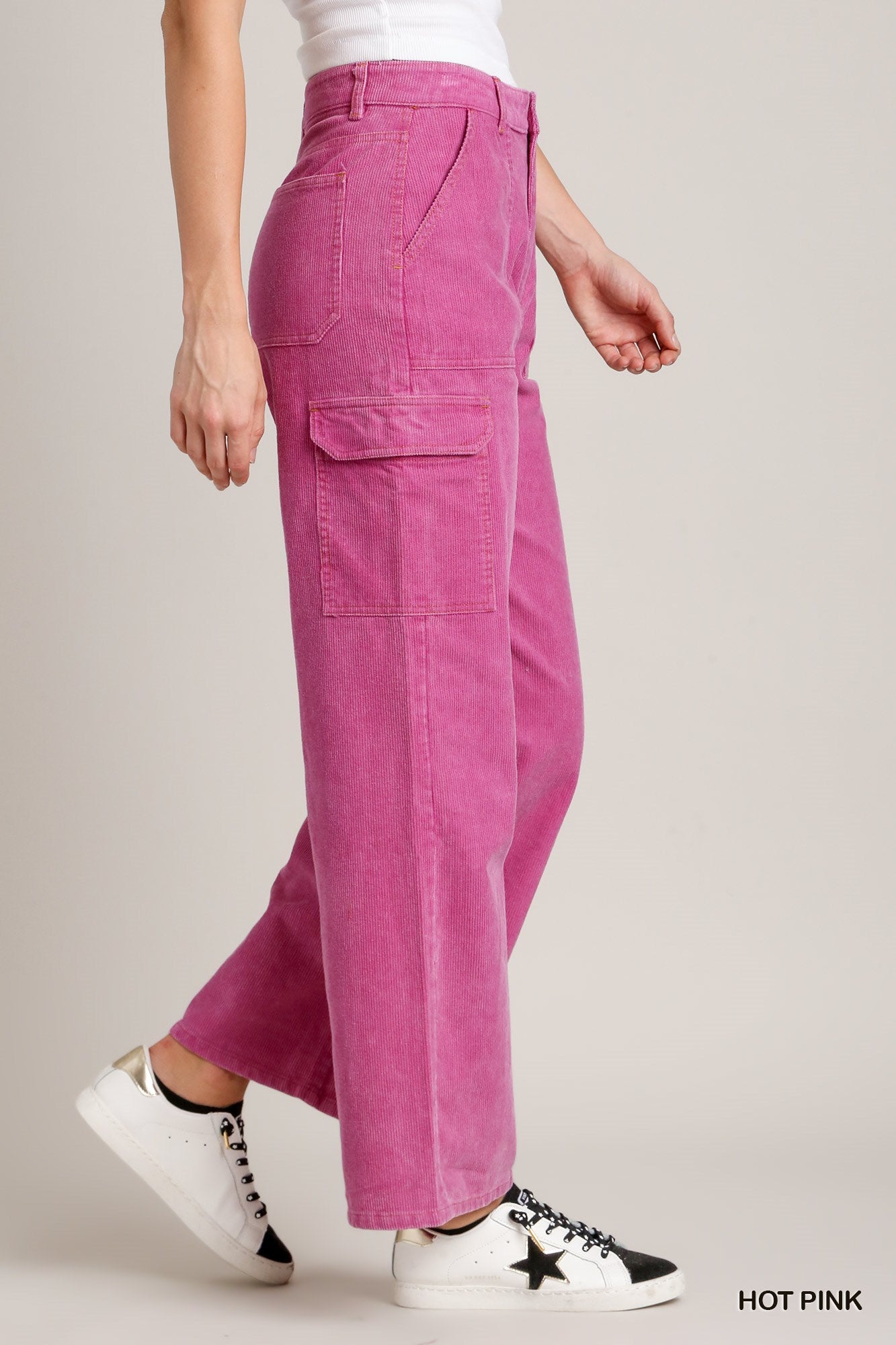 Umgee Solid Mineral Wash Corduroy Straight Cargo Pants