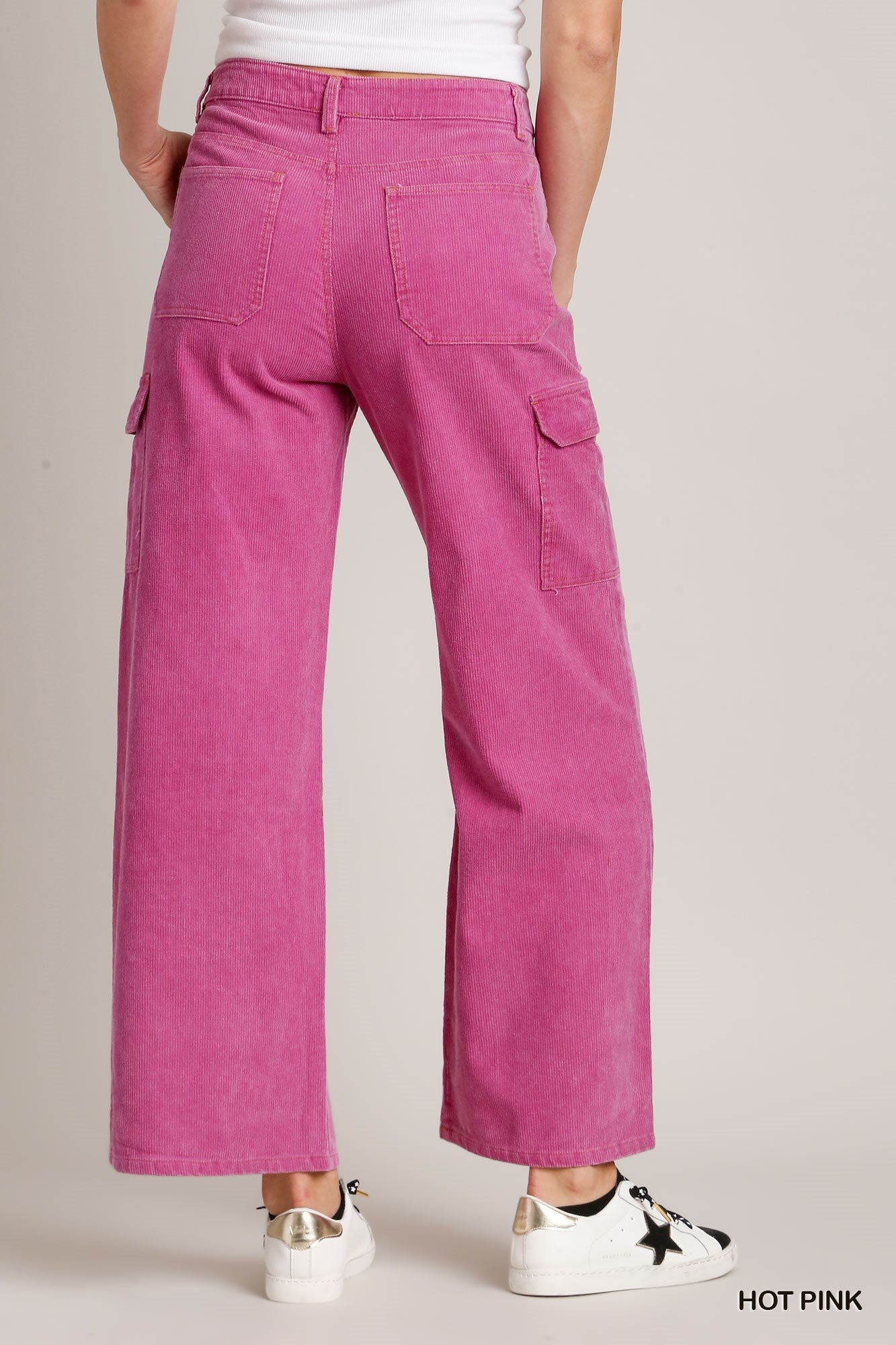 Umgee Solid Mineral Wash Corduroy Straight Cargo Pants