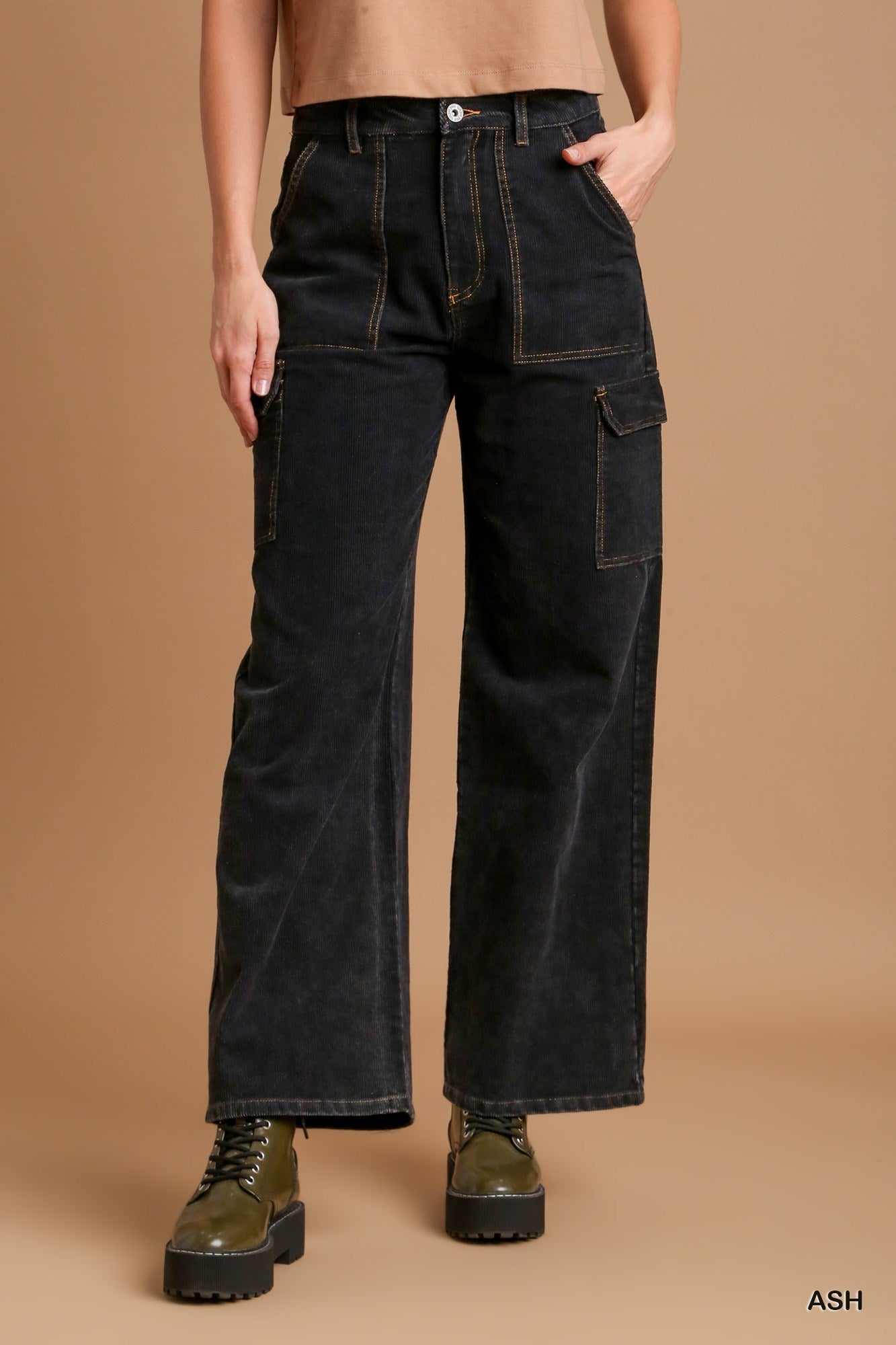 Umgee Solid Mineral Wash Corduroy Straight Cargo Pants