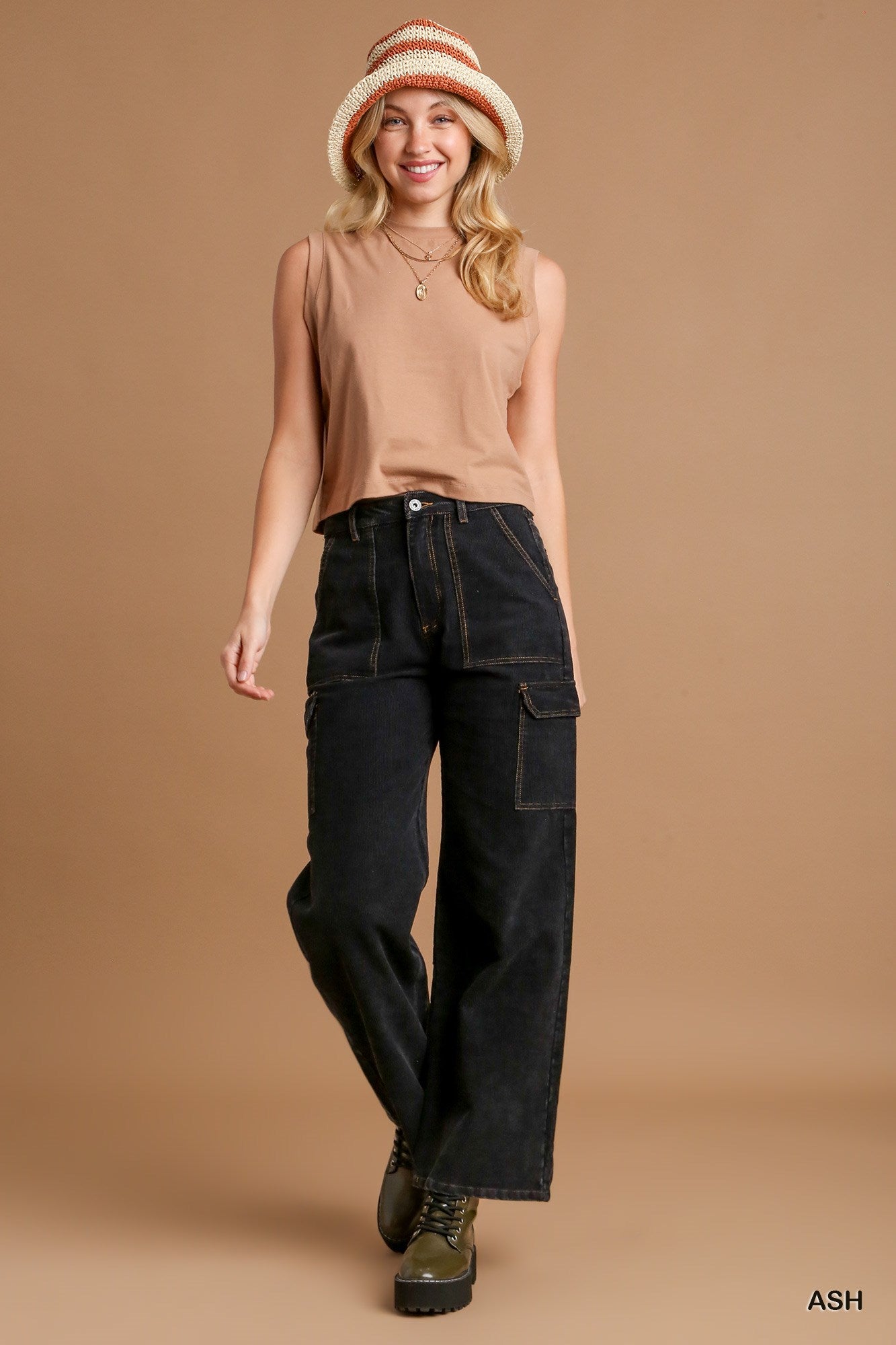 Umgee Solid Mineral Wash Corduroy Straight Cargo Pants