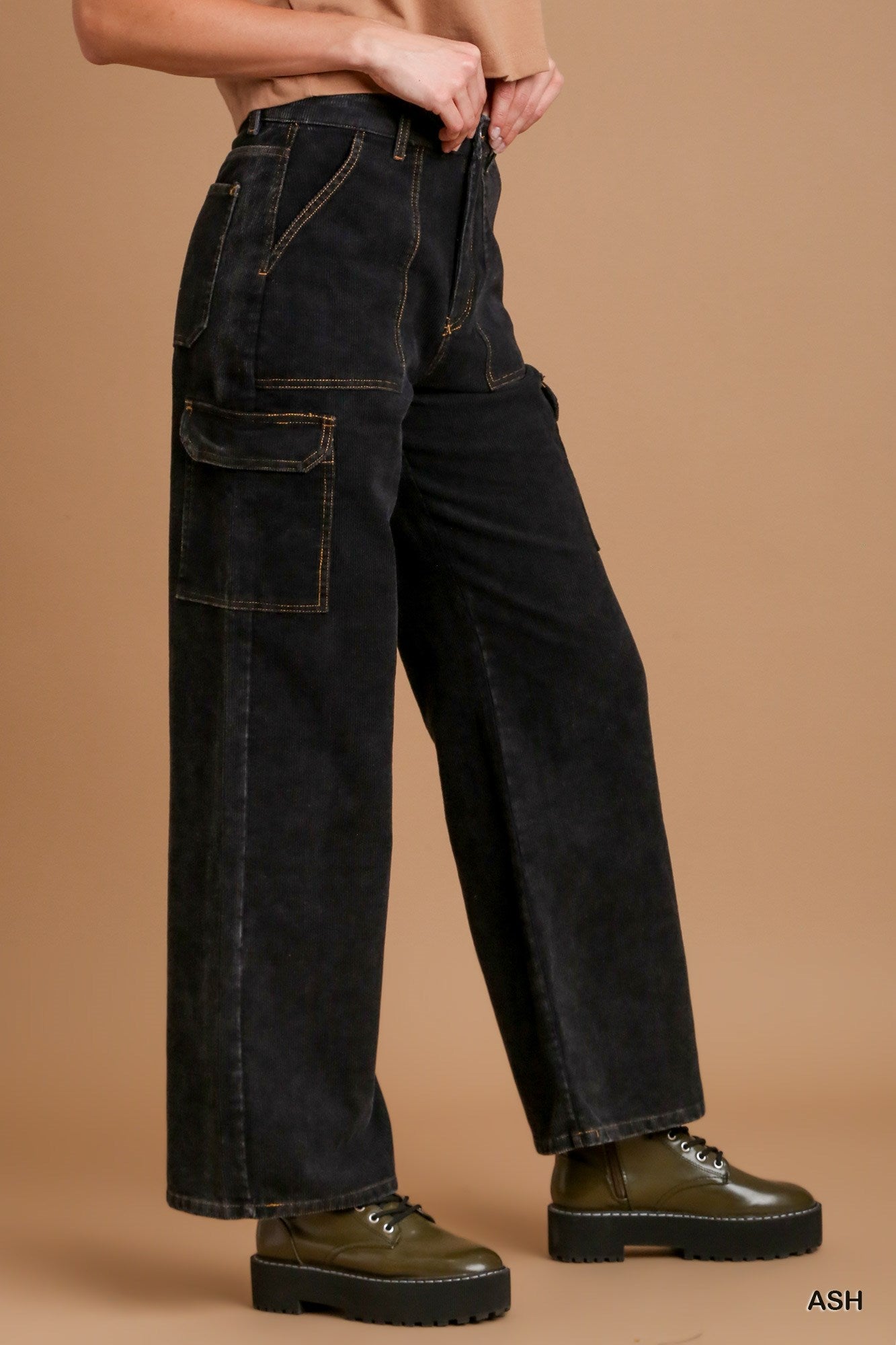 Umgee Solid Mineral Wash Corduroy Straight Cargo Pants