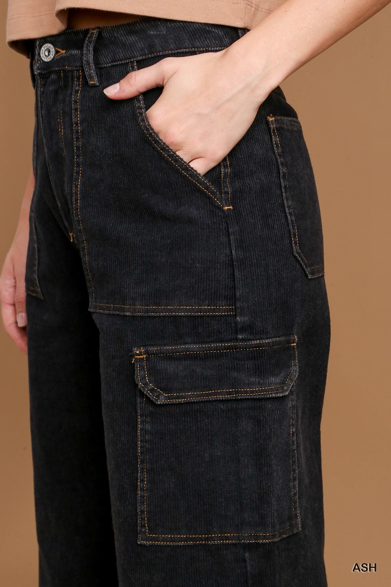 Umgee Solid Mineral Wash Corduroy Straight Cargo Pants