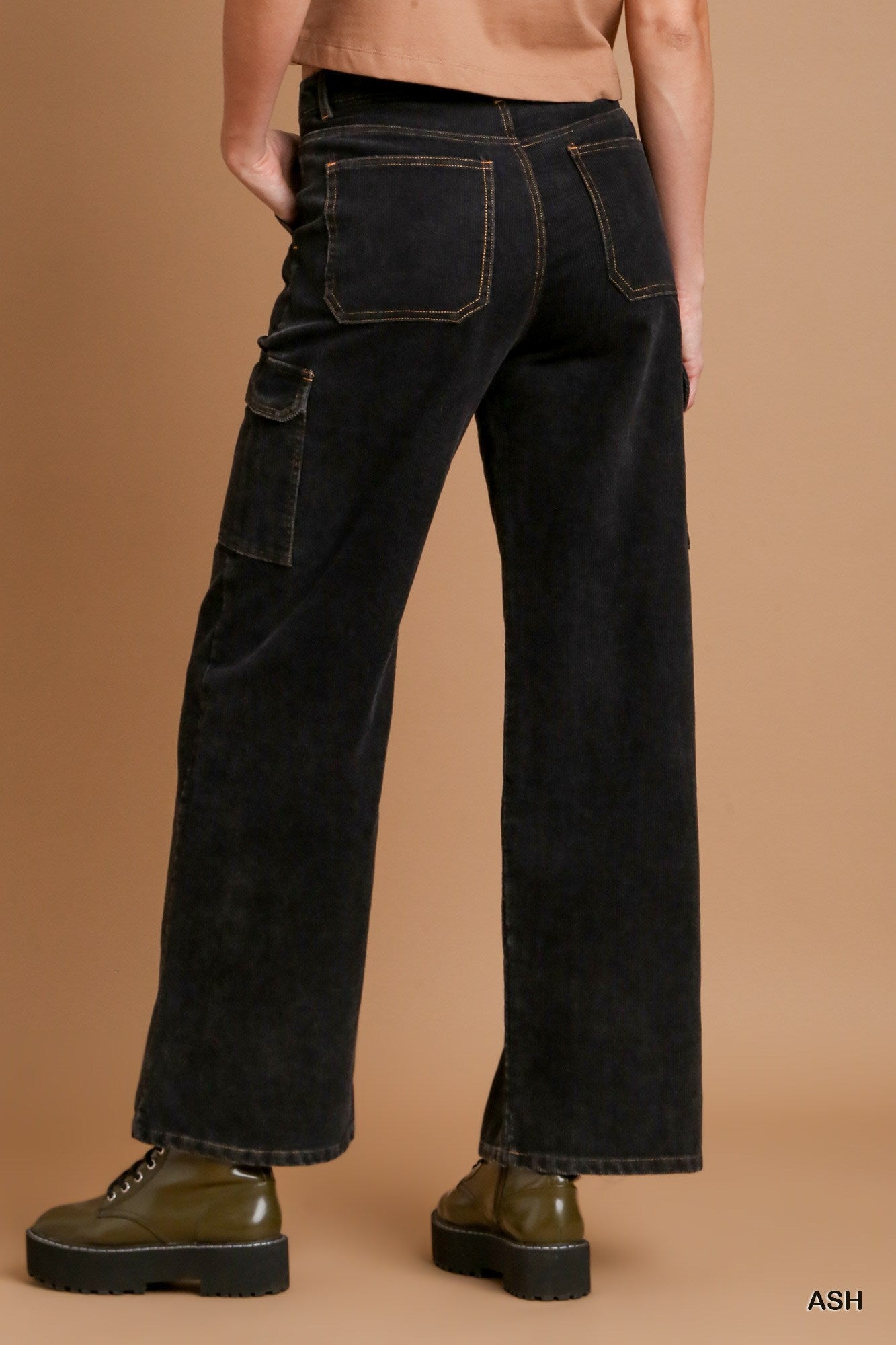 Umgee Solid Mineral Wash Corduroy Straight Cargo Pants