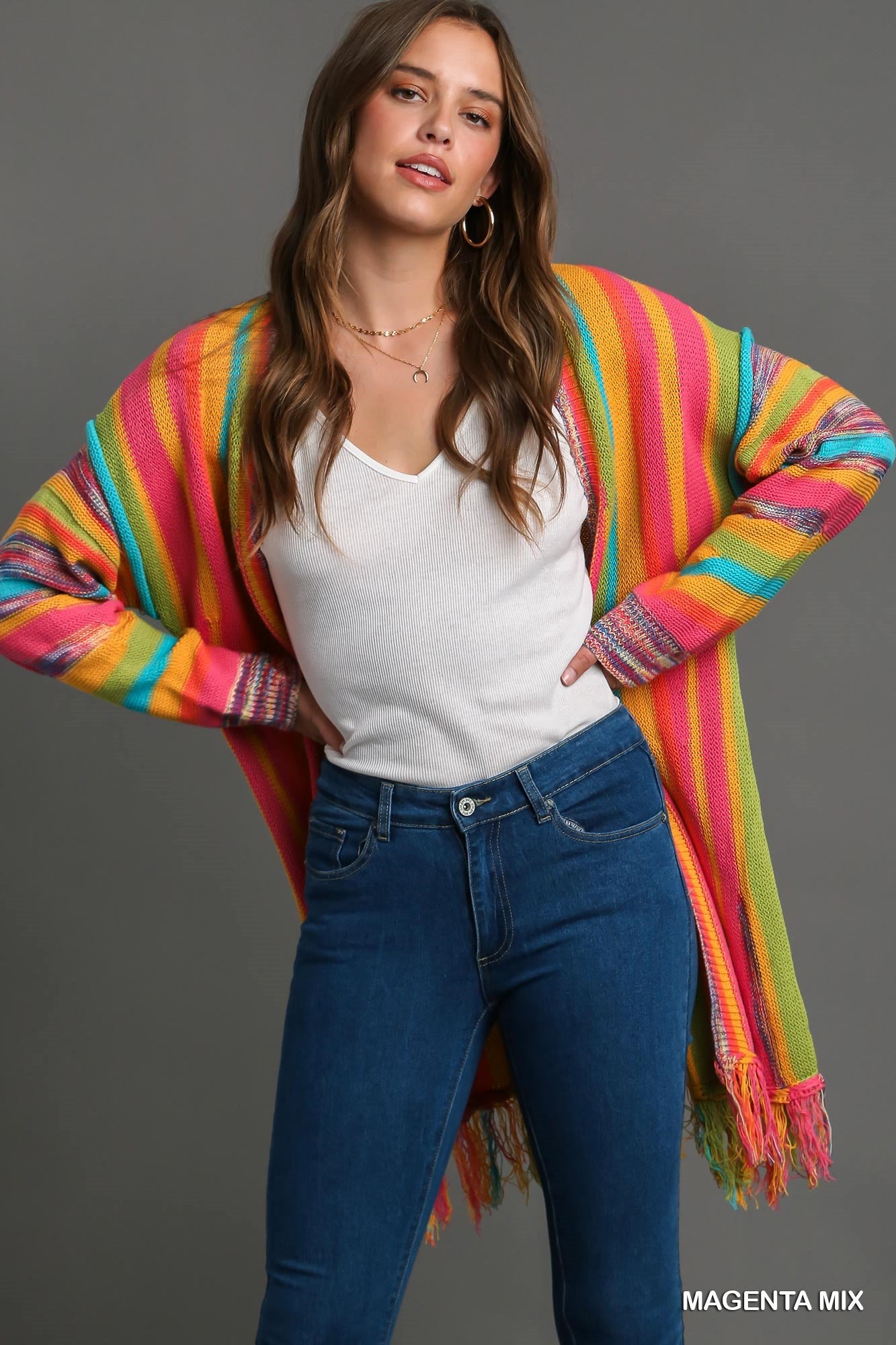 Umgee Multi Stripe Cardigan Sweater with Fringe Dress - Roulhac Fashion Boutique