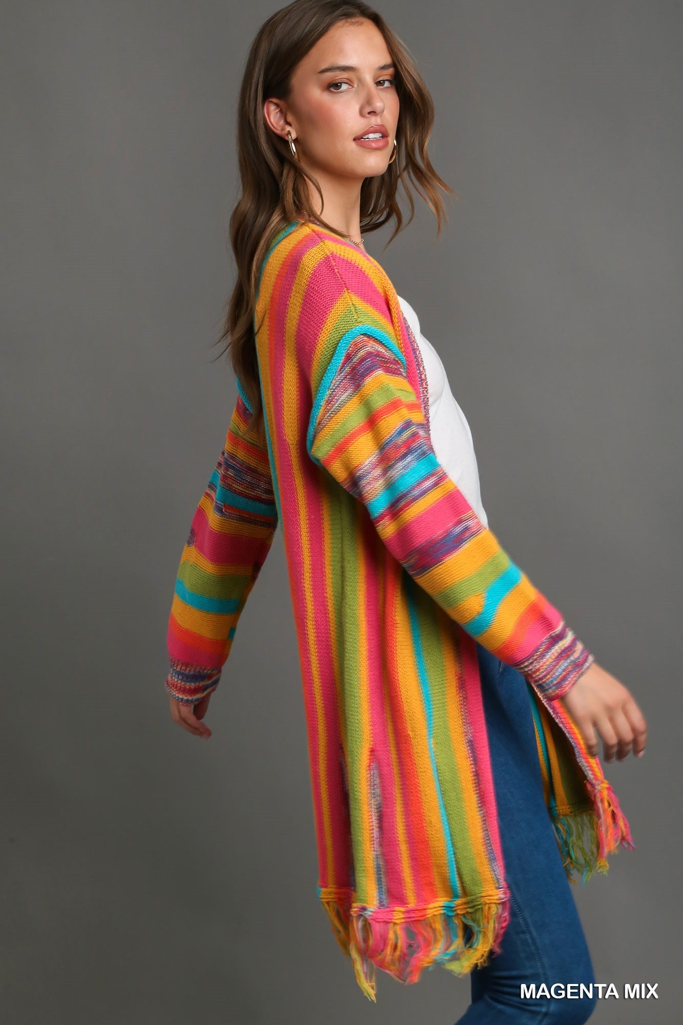 Umgee Multi Stripe Cardigan Sweater with Fringe Dress - Roulhac Fashion Boutique