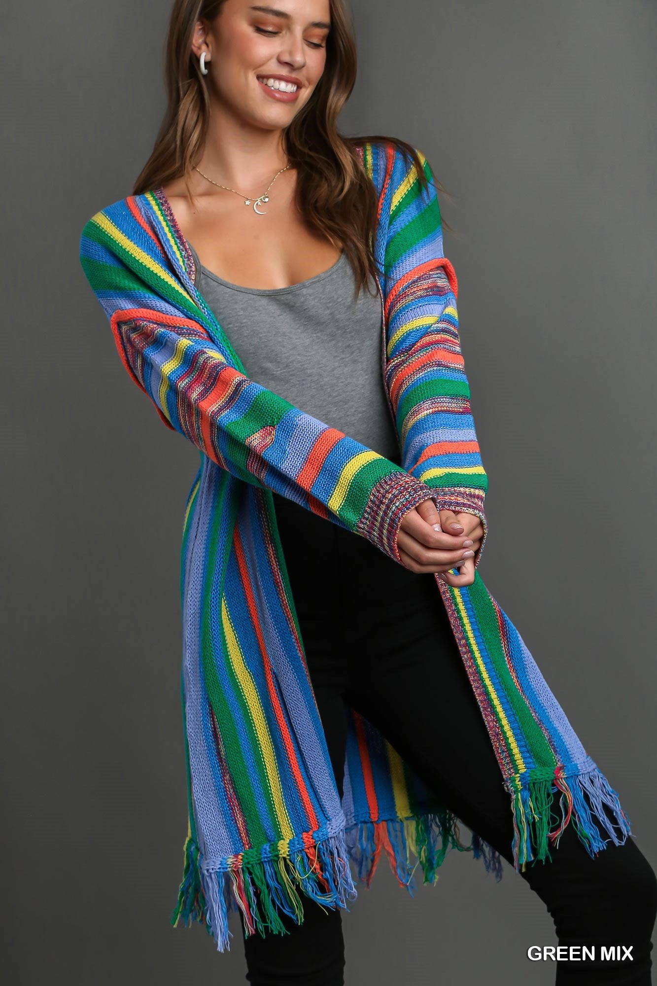 Umgee Multi Stripe Cardigan Sweater with Fringe Dress - Roulhac Fashion Boutique