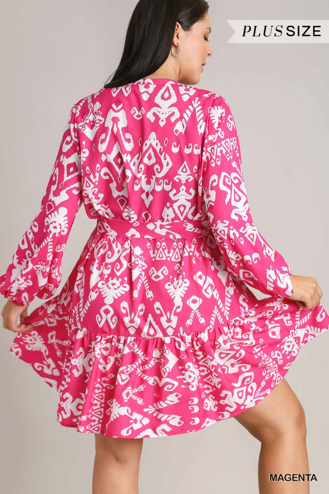 Umgee Plus Geo Print Lace Tape Detailed Belt Tie Dress