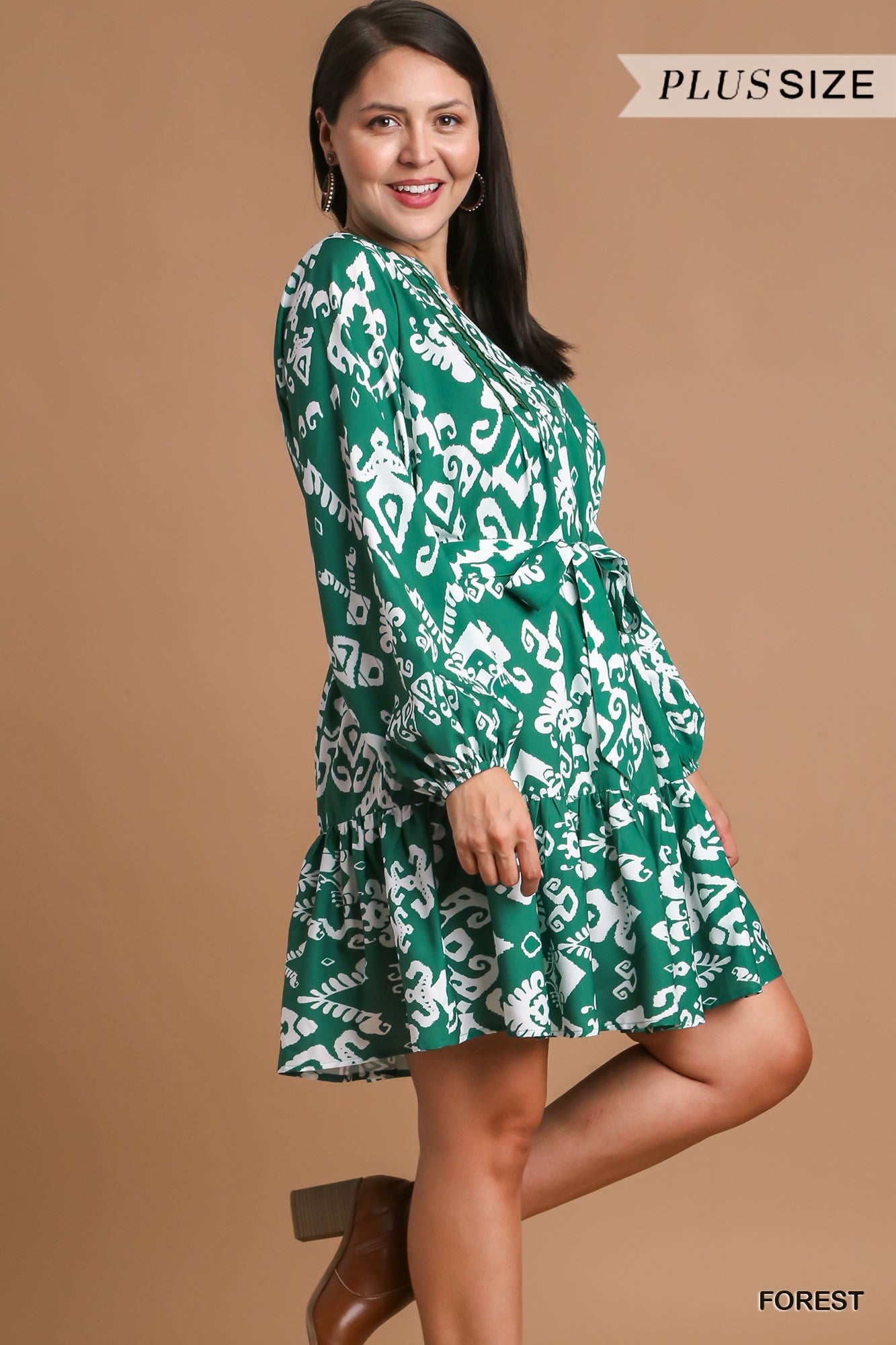 Umgee Plus Geo Print Lace Tape Detailed Belt Tie Dress