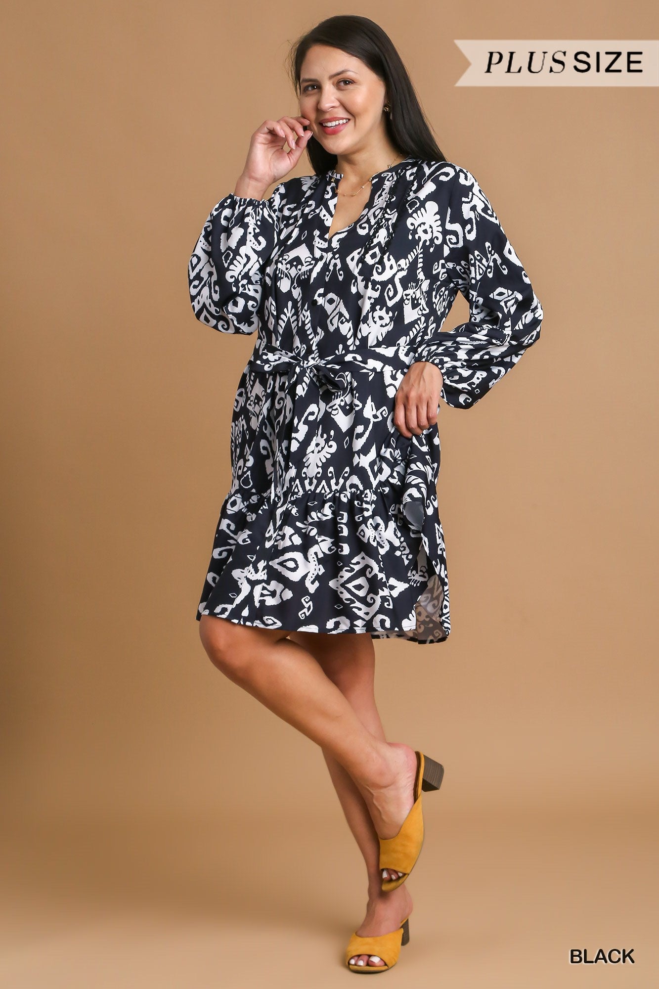 Umgee Plus Geo Print Lace Tape Detailed Belt Tie Dress