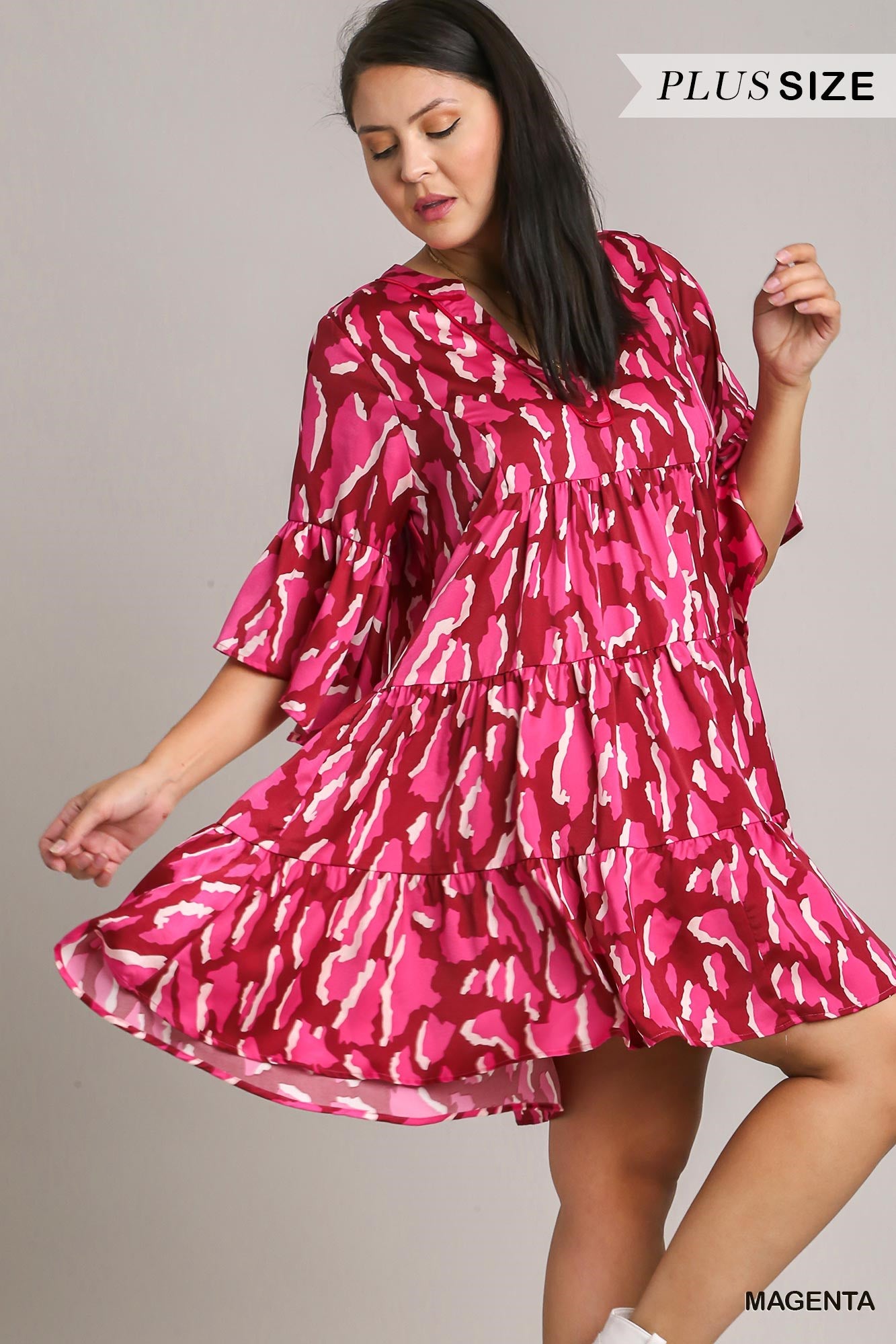 Umgee Plus V-Notched Animal Print Tiered Dress