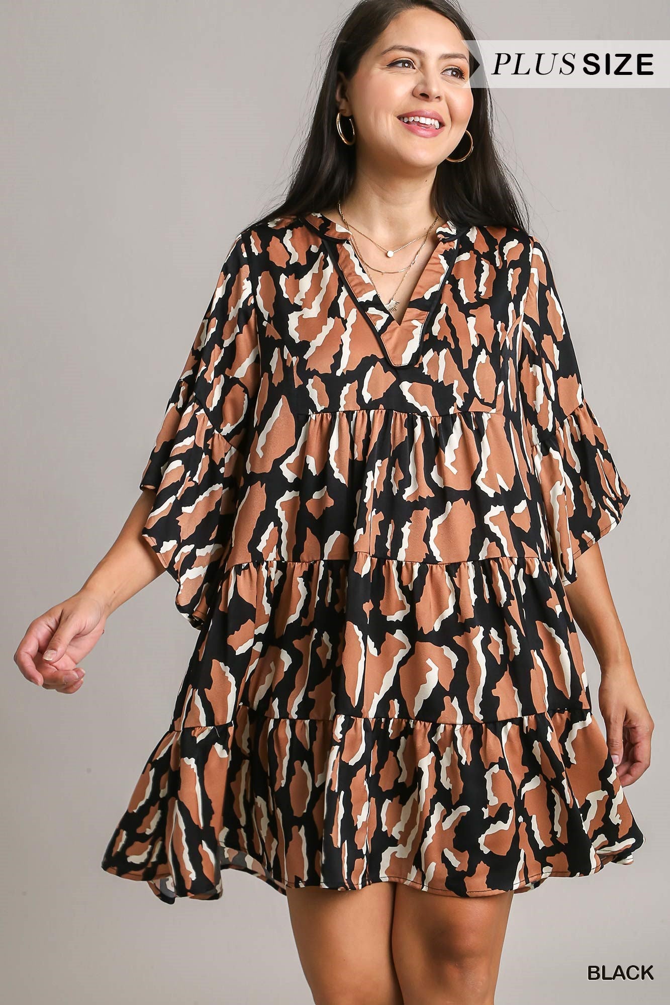 Umgee Plus V-Notched Animal Print Tiered Dress
