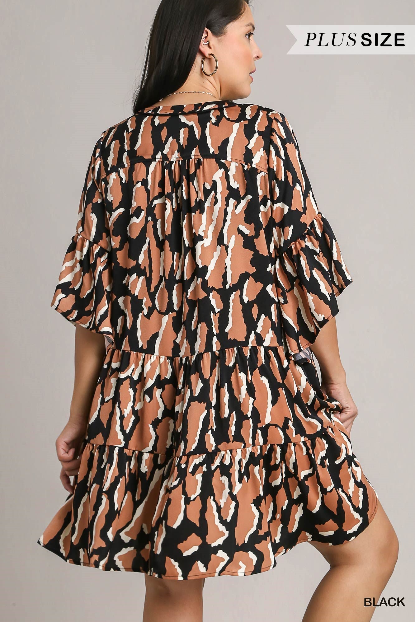 Umgee Plus V-Notched Animal Print Tiered Dress