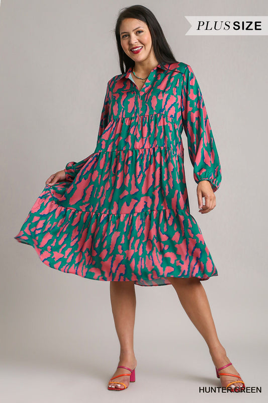 Umgee Plus Satin Animal Print 3/4 Sleeve Collared Midi Dress