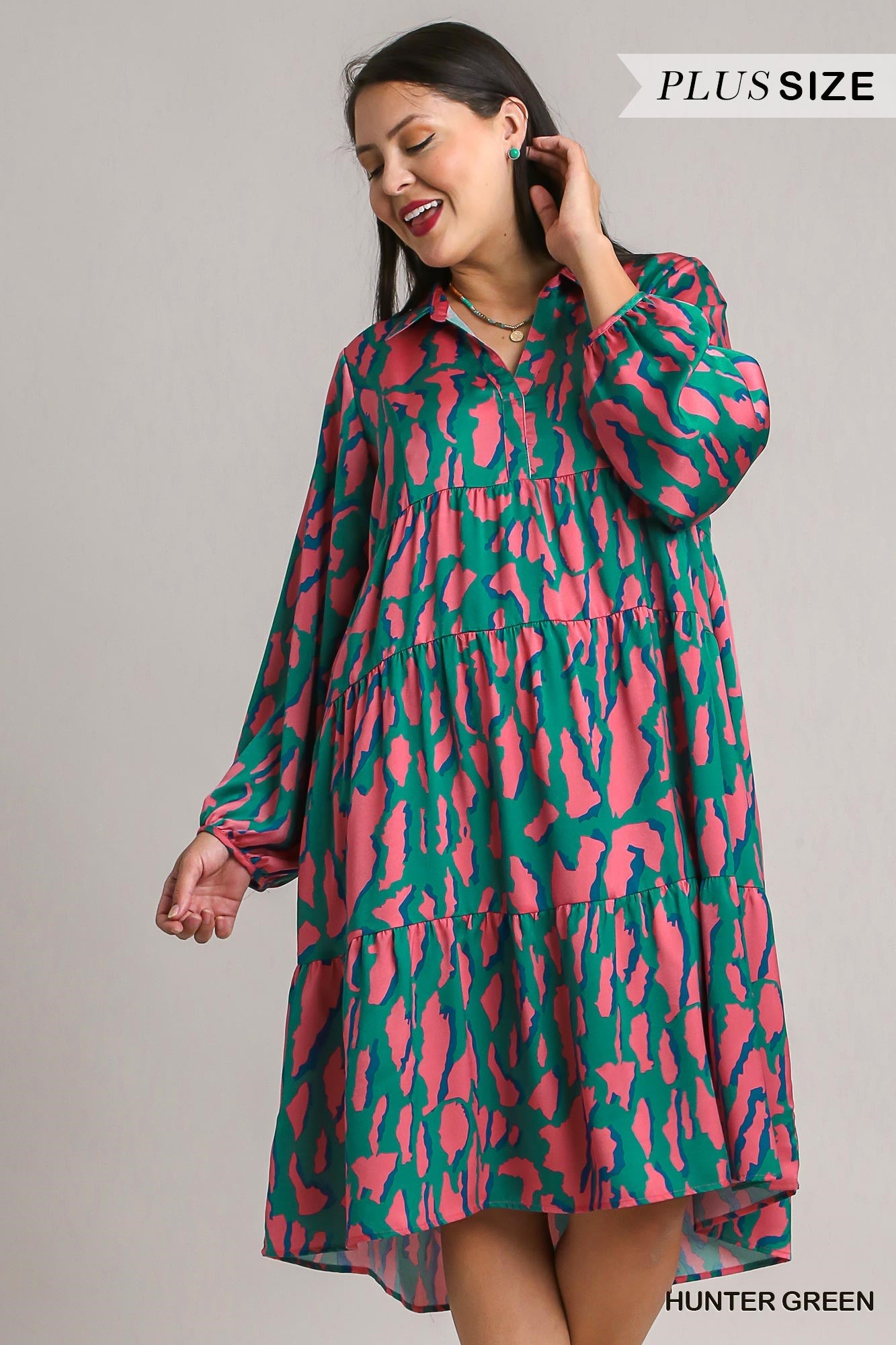 Umgee Plus Satin Animal Print 3/4 Sleeve Collared Midi Dress