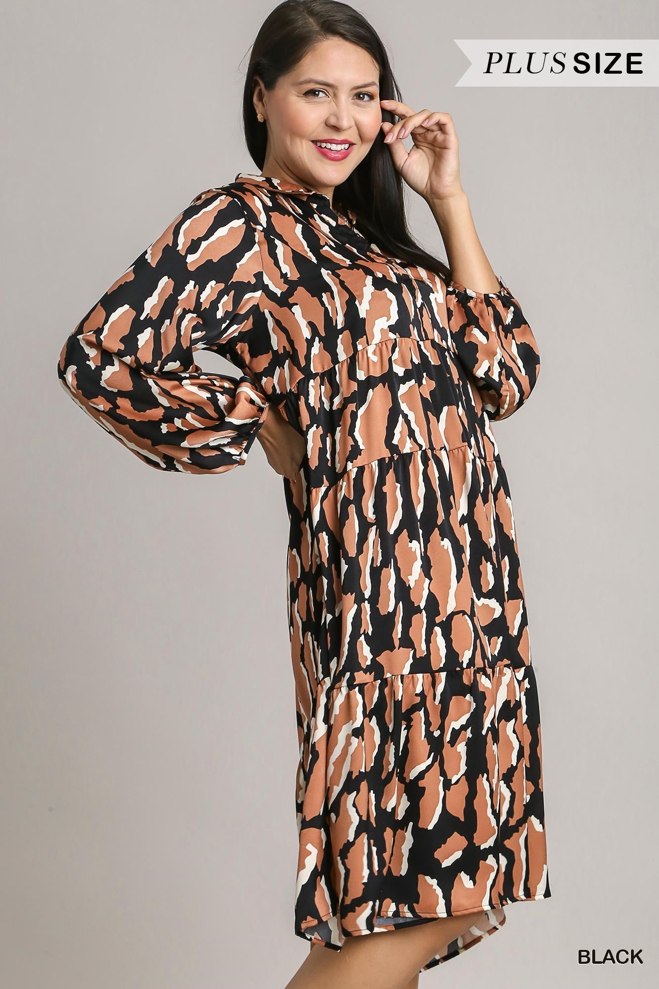 Umgee Plus Satin Animal Print 3/4 Sleeve Collared Midi Dress