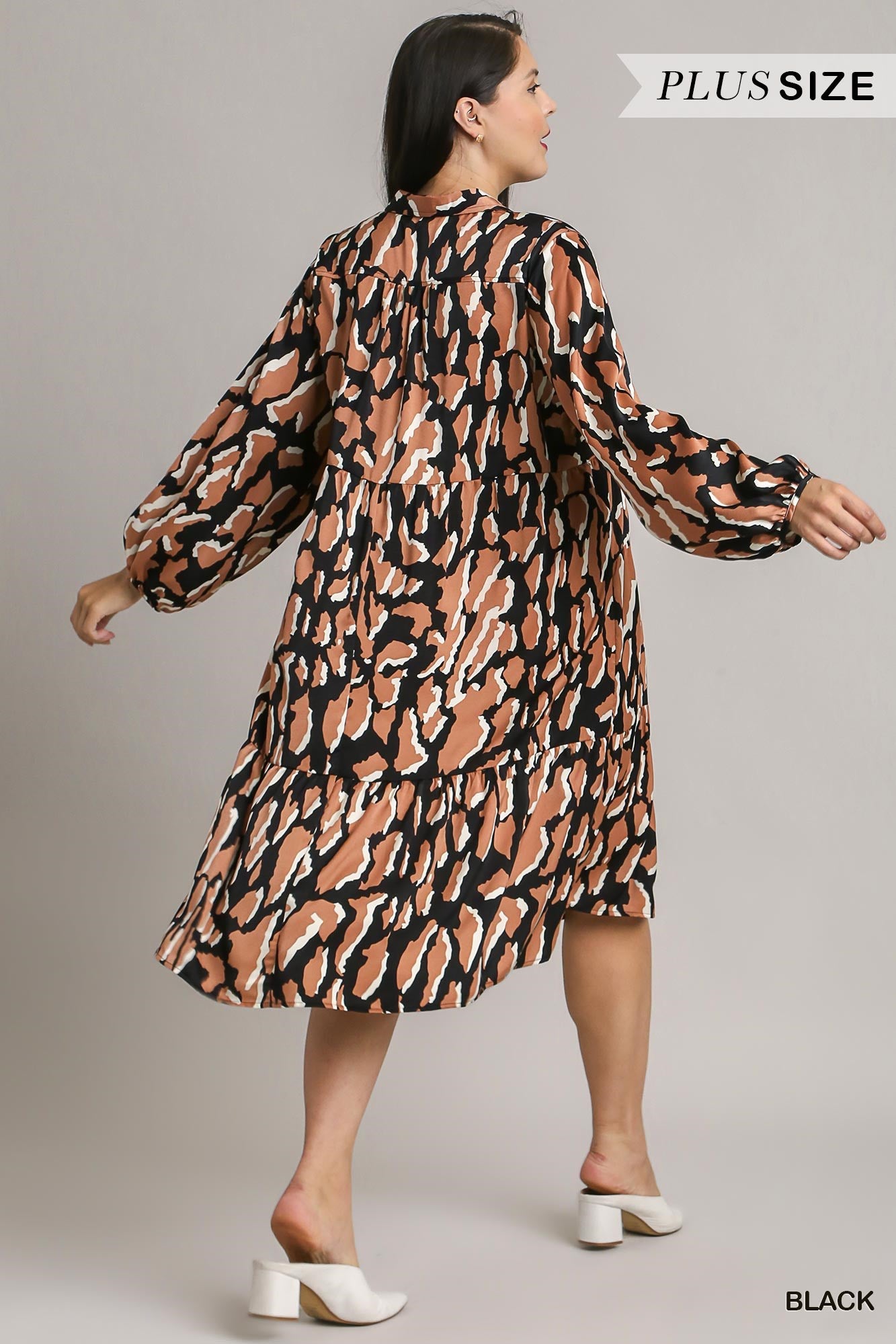 Umgee Plus Satin Animal Print 3/4 Sleeve Collared Midi Dress