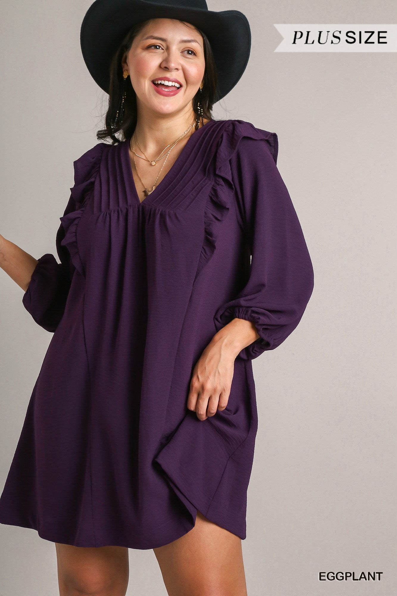 Umgee Plus Solid Balloon Long Sleeve Ruffle Details Dress