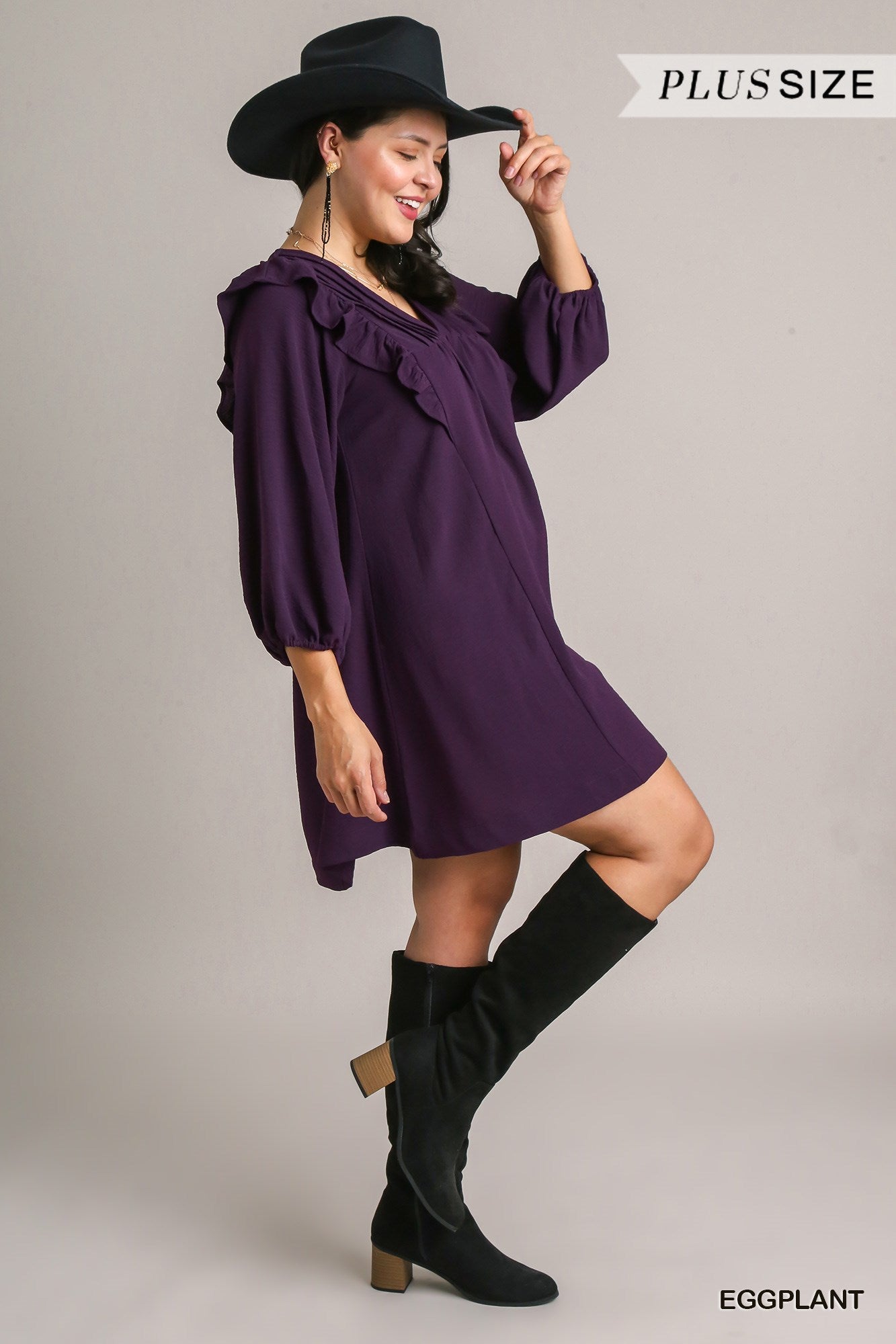 Umgee Plus Solid Balloon Long Sleeve Ruffle Details Dress