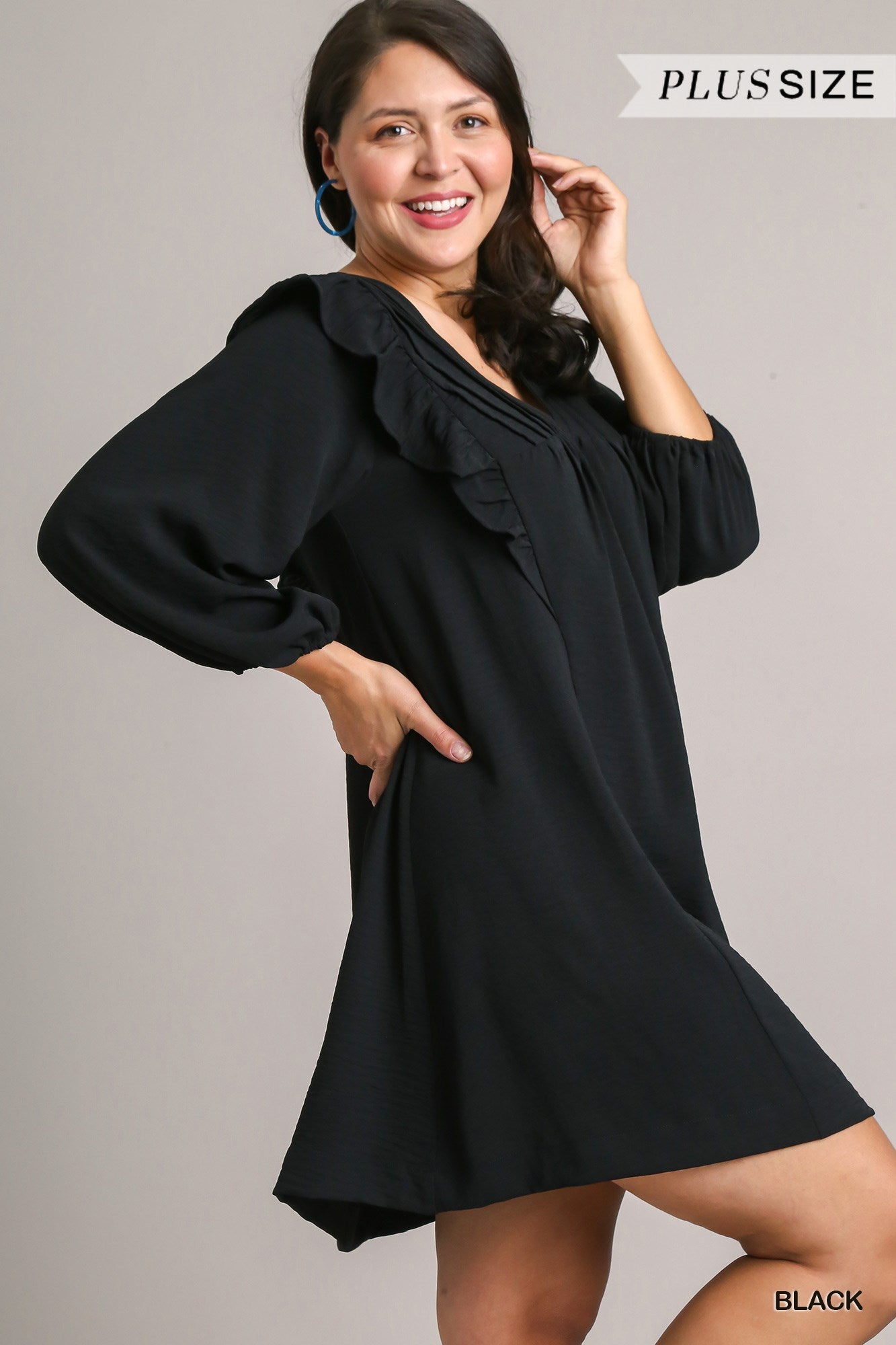 Umgee Plus Solid Balloon Long Sleeve Ruffle Details Dress