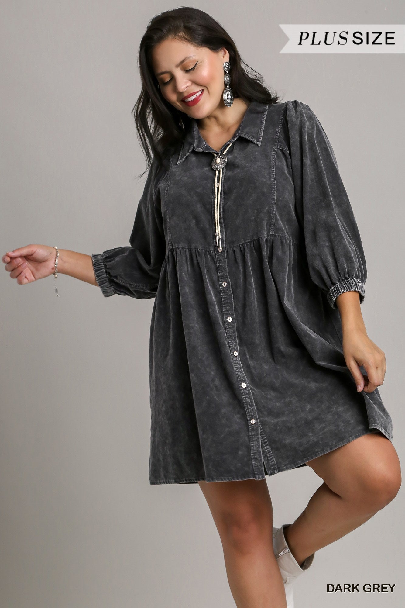 Umgee Plus Mineral Wash Button Down Corduroy Dress