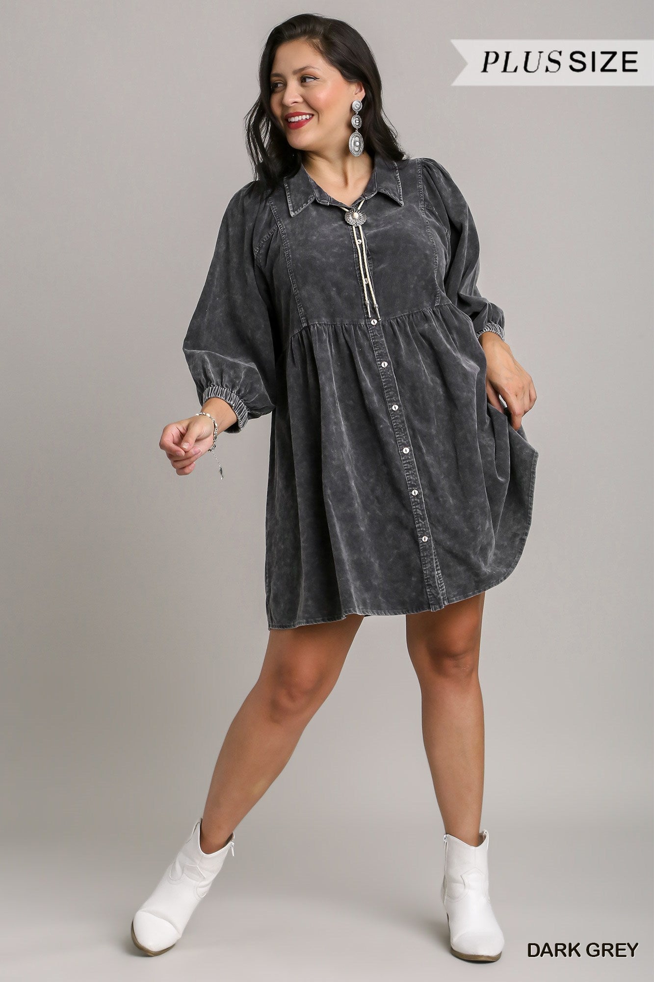 Umgee Plus Mineral Wash Button Down Corduroy Dress