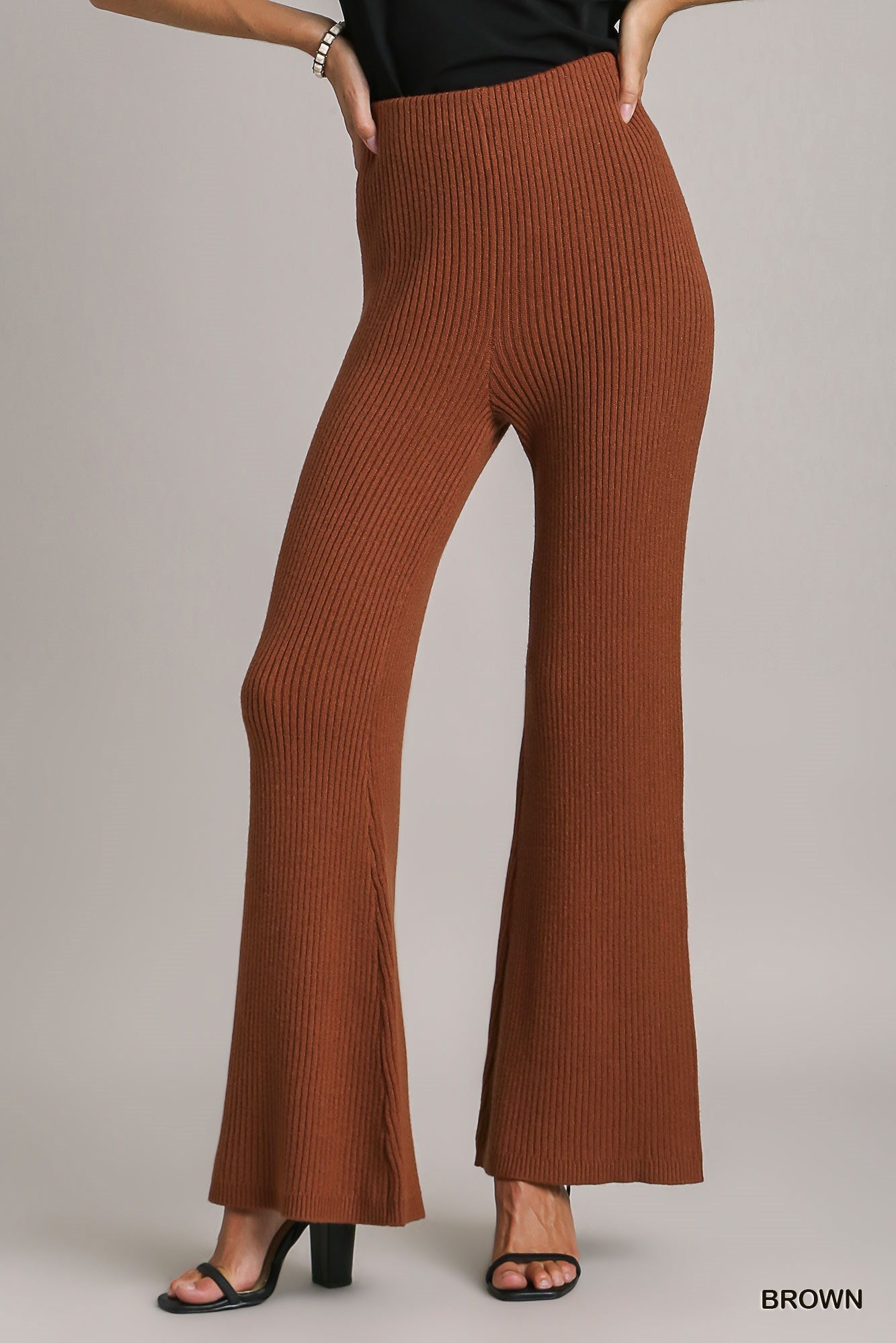 Umgee Ribbed Flare Knit Elastic Waistband Pants