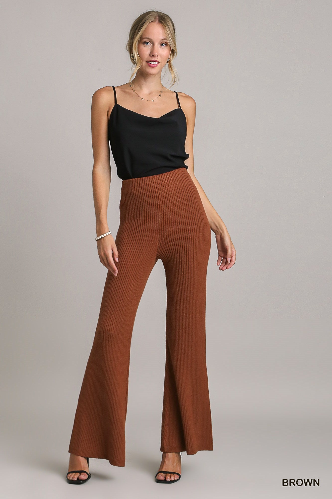 Umgee Ribbed Flare Knit Elastic Waistband Pants