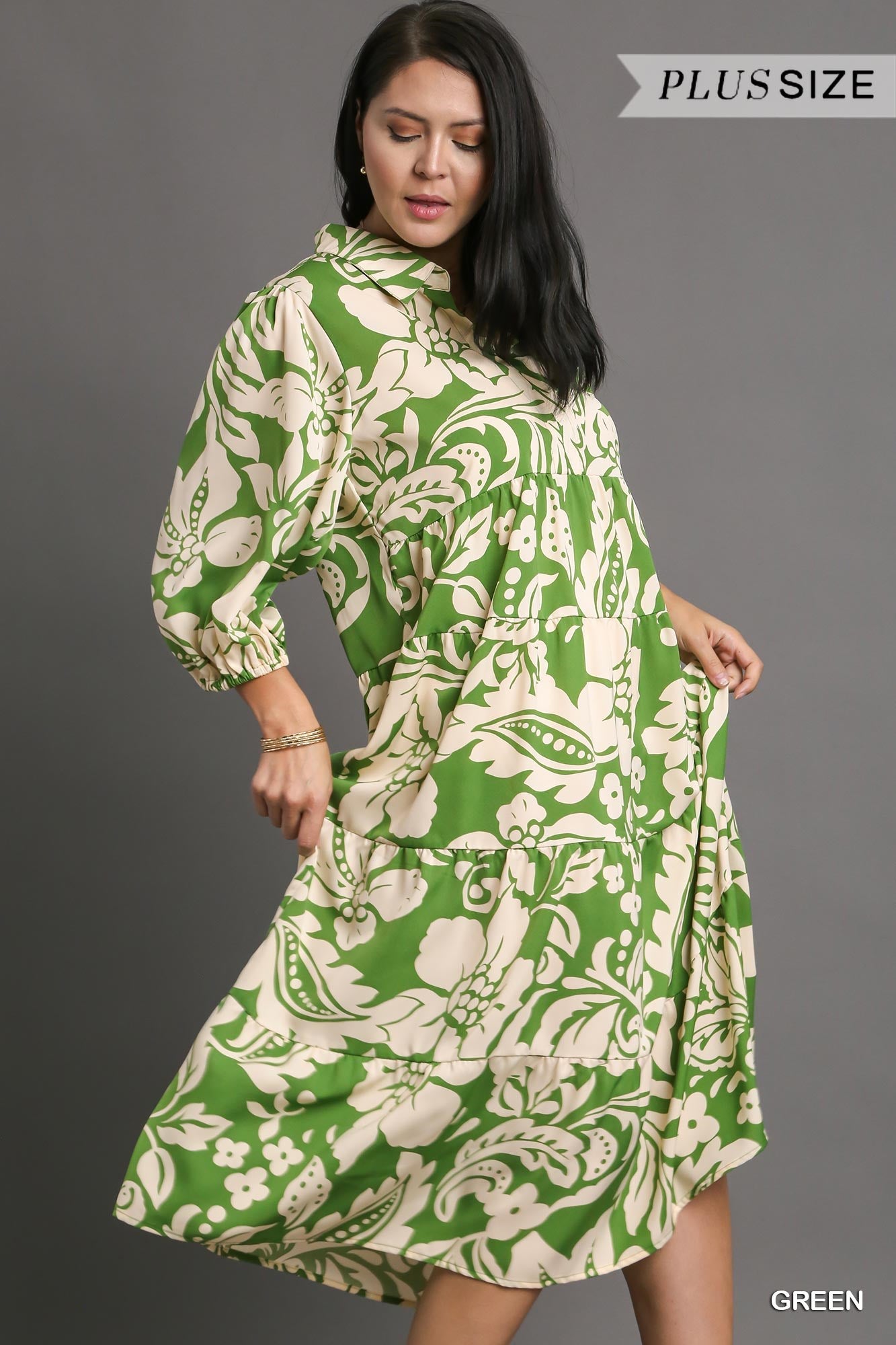 Umgee Plus Floral Two Tone Print Tiered Balloon Sleeve Dress