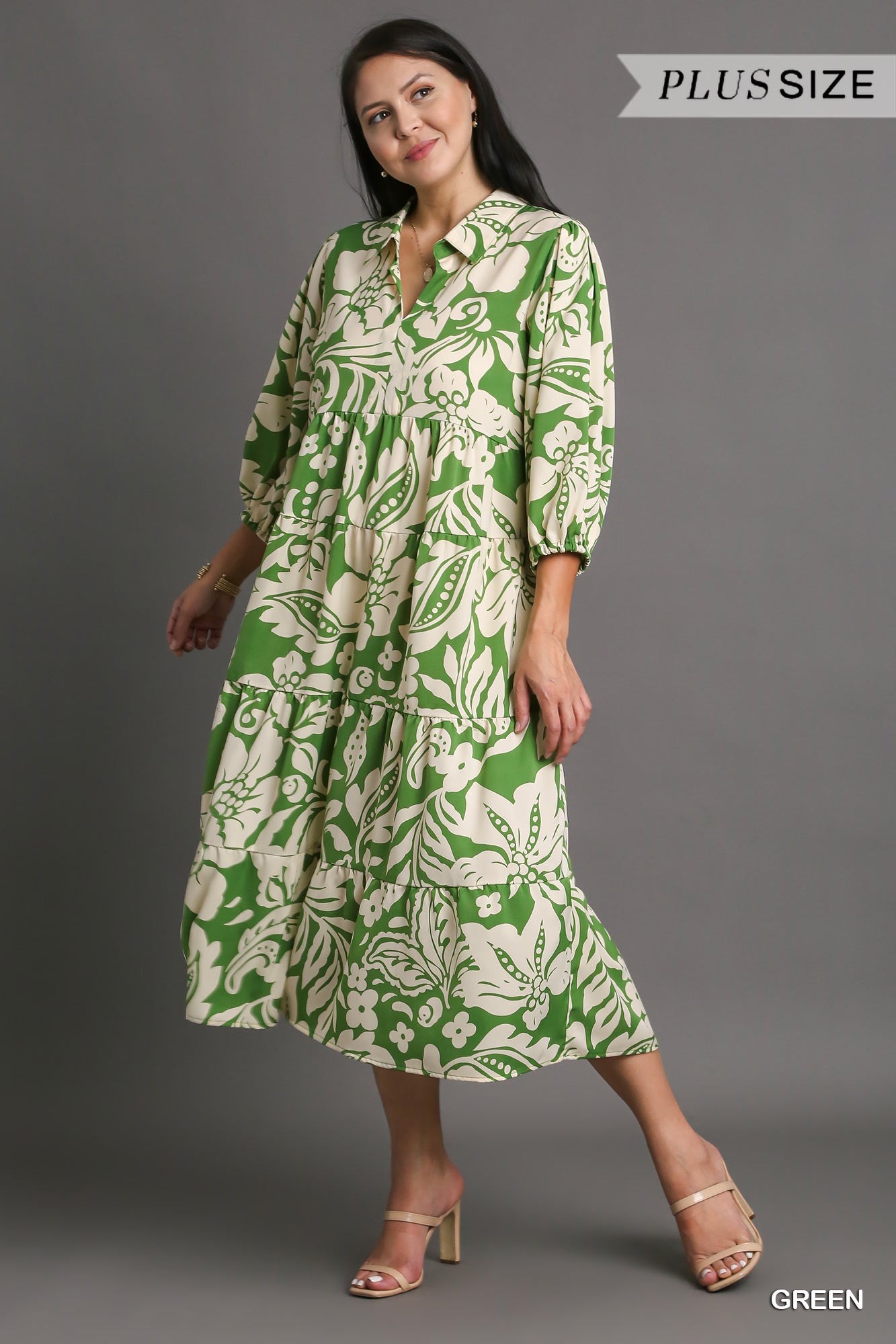 Umgee Plus Floral Two Tone Print Tiered Balloon Sleeve Dress