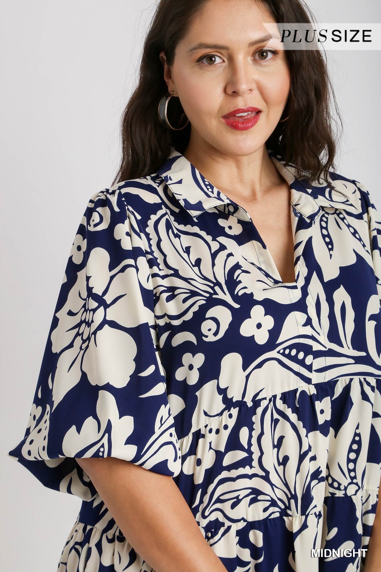 Umgee Plus Floral Two Tone Print Tiered Balloon Sleeve Dress