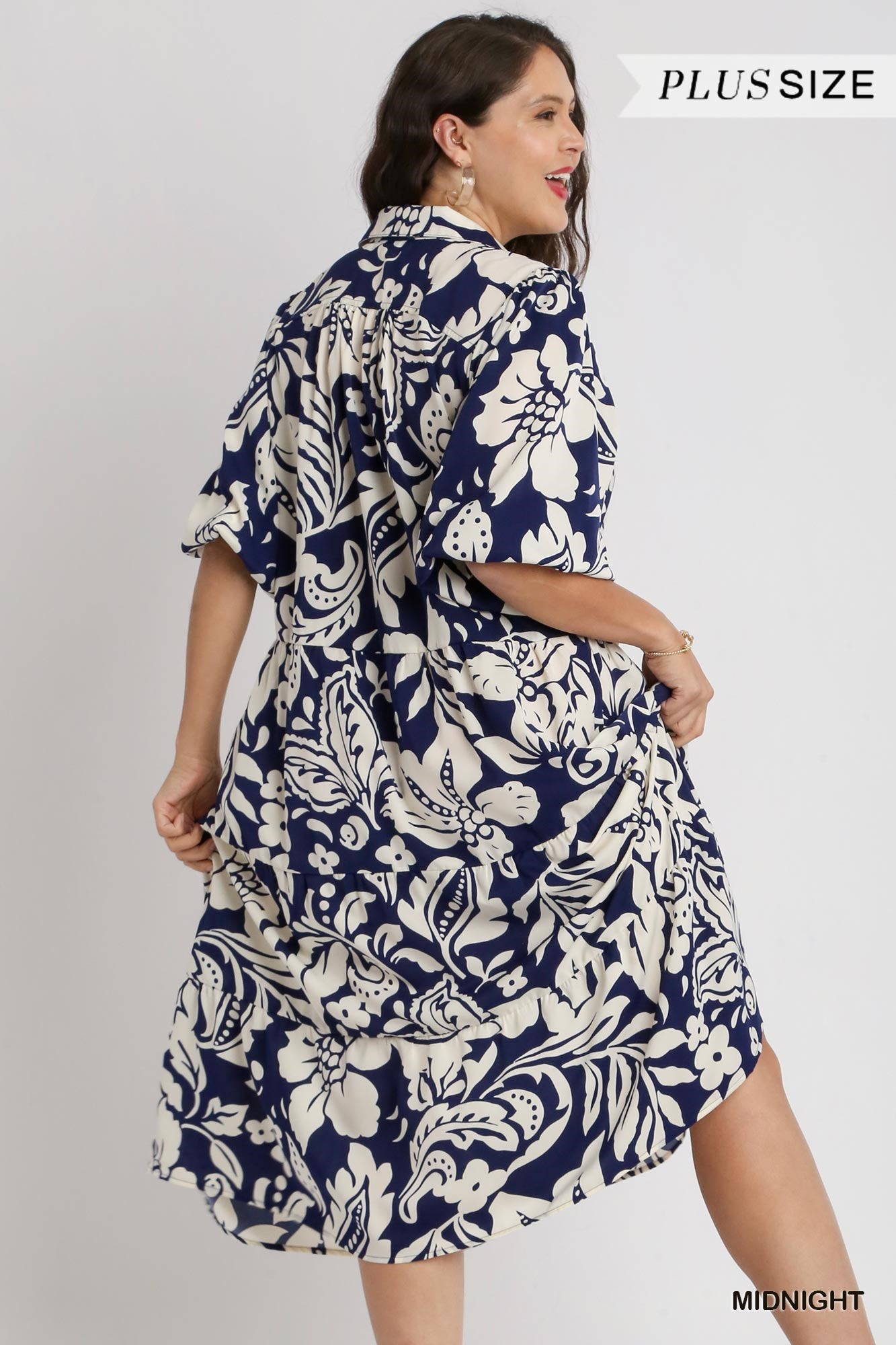 Umgee Plus Floral Two Tone Print Tiered Balloon Sleeve Dress
