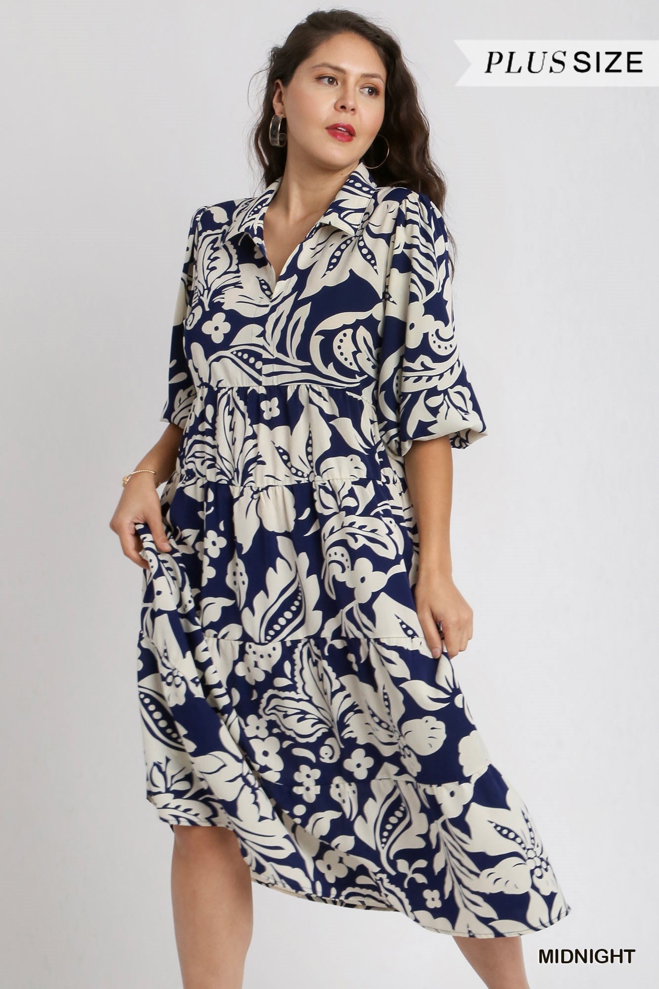 Umgee Plus Floral Two Tone Print Tiered Balloon Sleeve Dress
