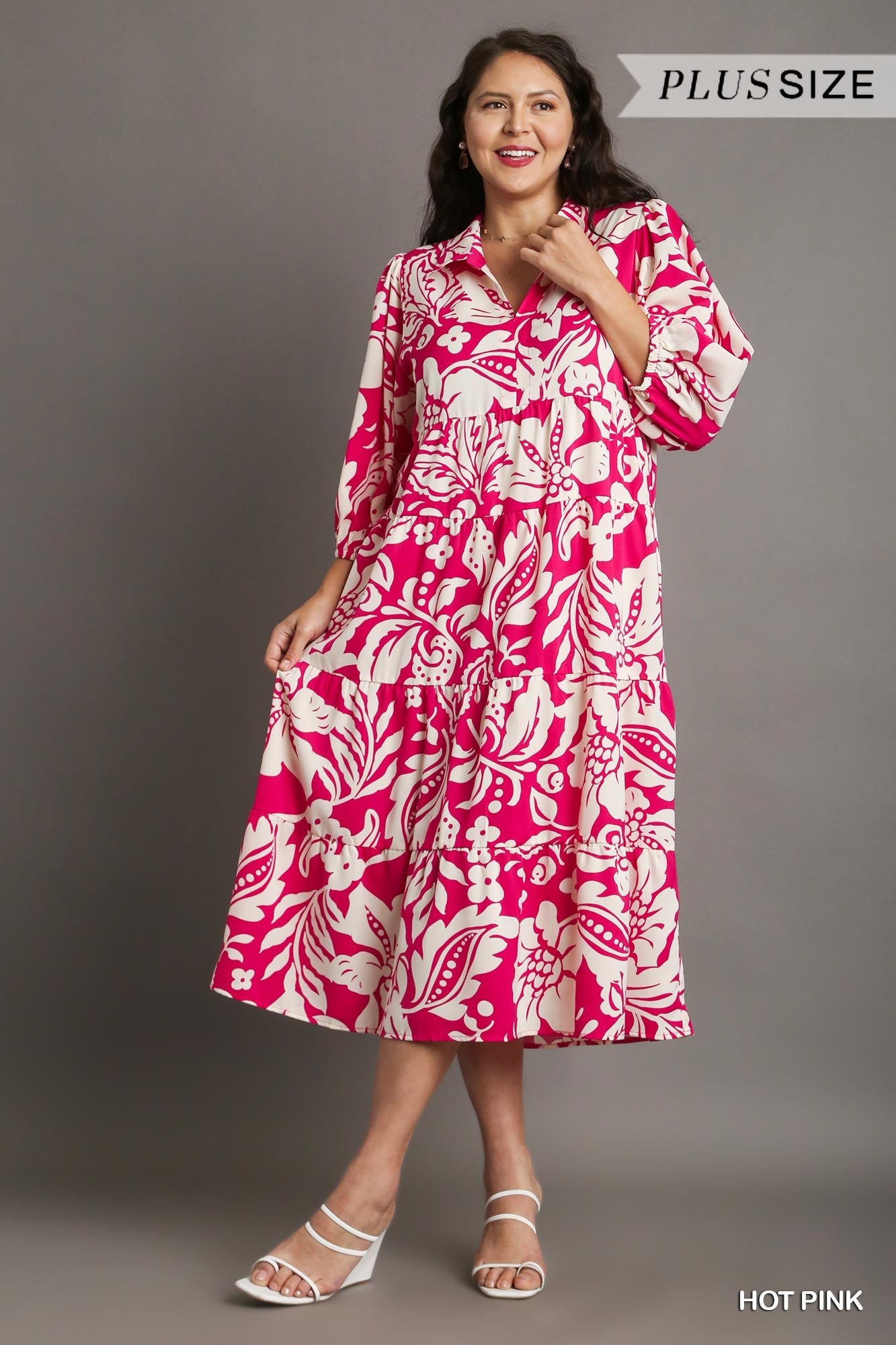 Umgee Plus Floral Two Tone Print Tiered Balloon Sleeve Dress