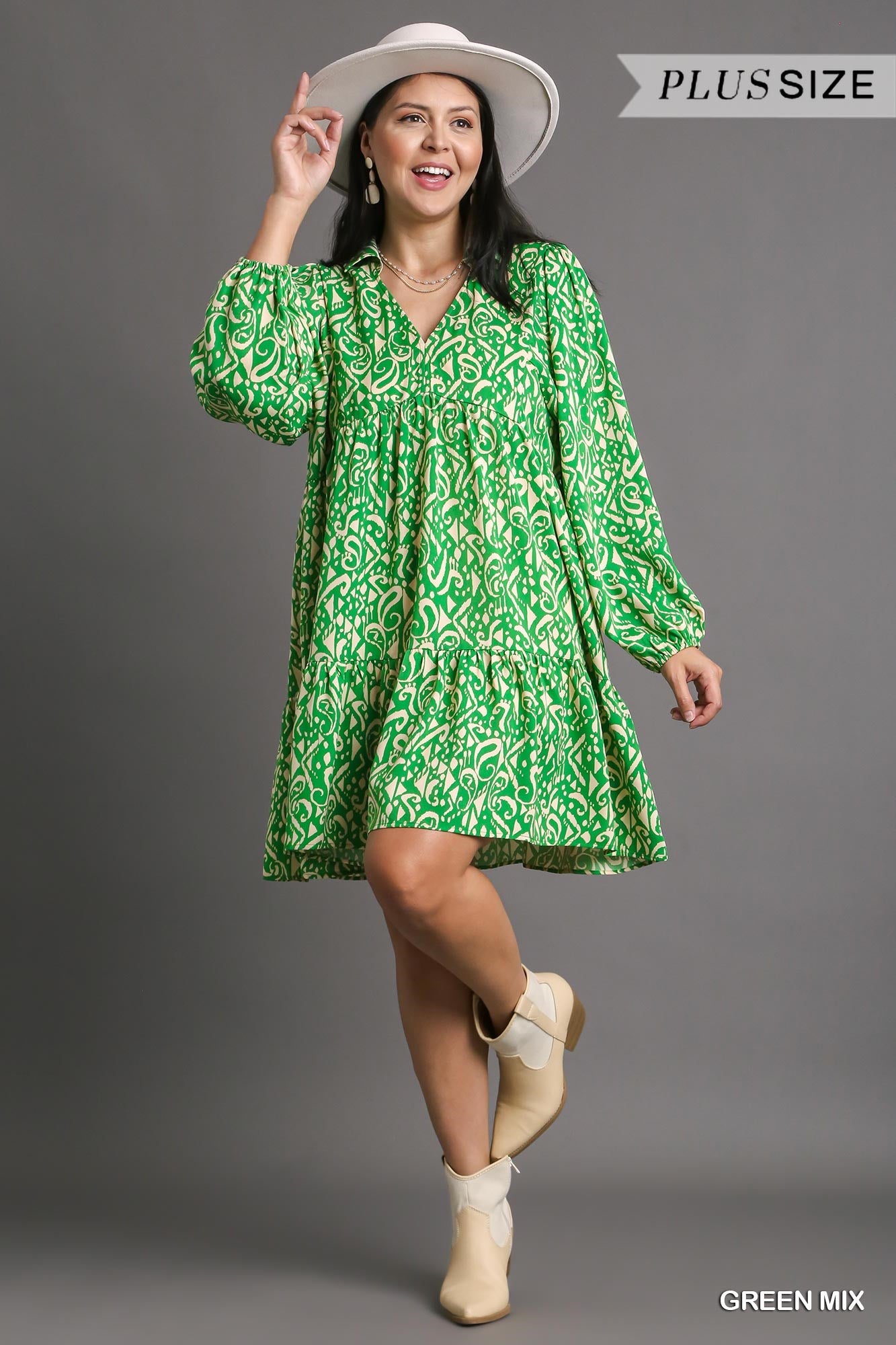 Umgee Plus Two Tone Print Tiered Long Sleeve Collar Dress