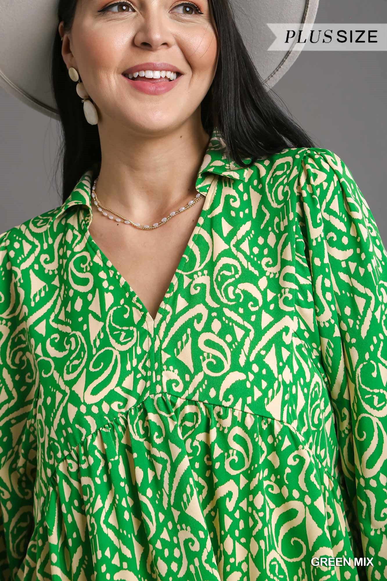 Umgee Plus Two Tone Print Tiered Long Sleeve Collar Dress