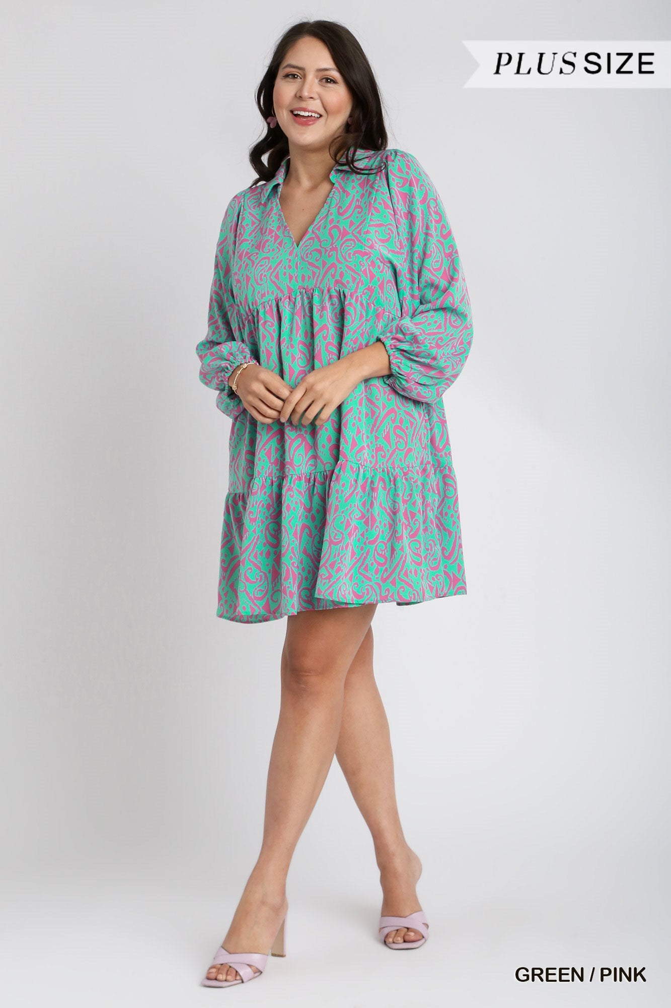 Umgee Plus Two Tone Print Tiered Long Sleeve Collar Dress