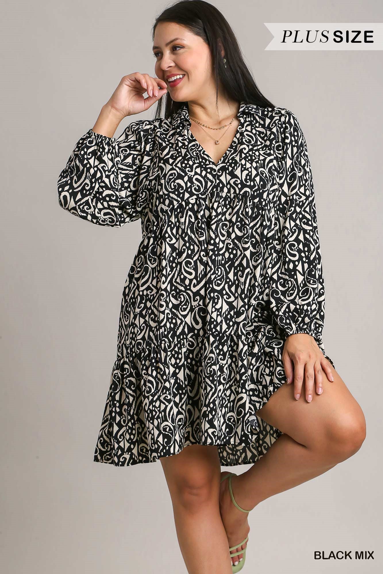 Umgee Plus Two Tone Print Tiered Long Sleeve Collar Dress