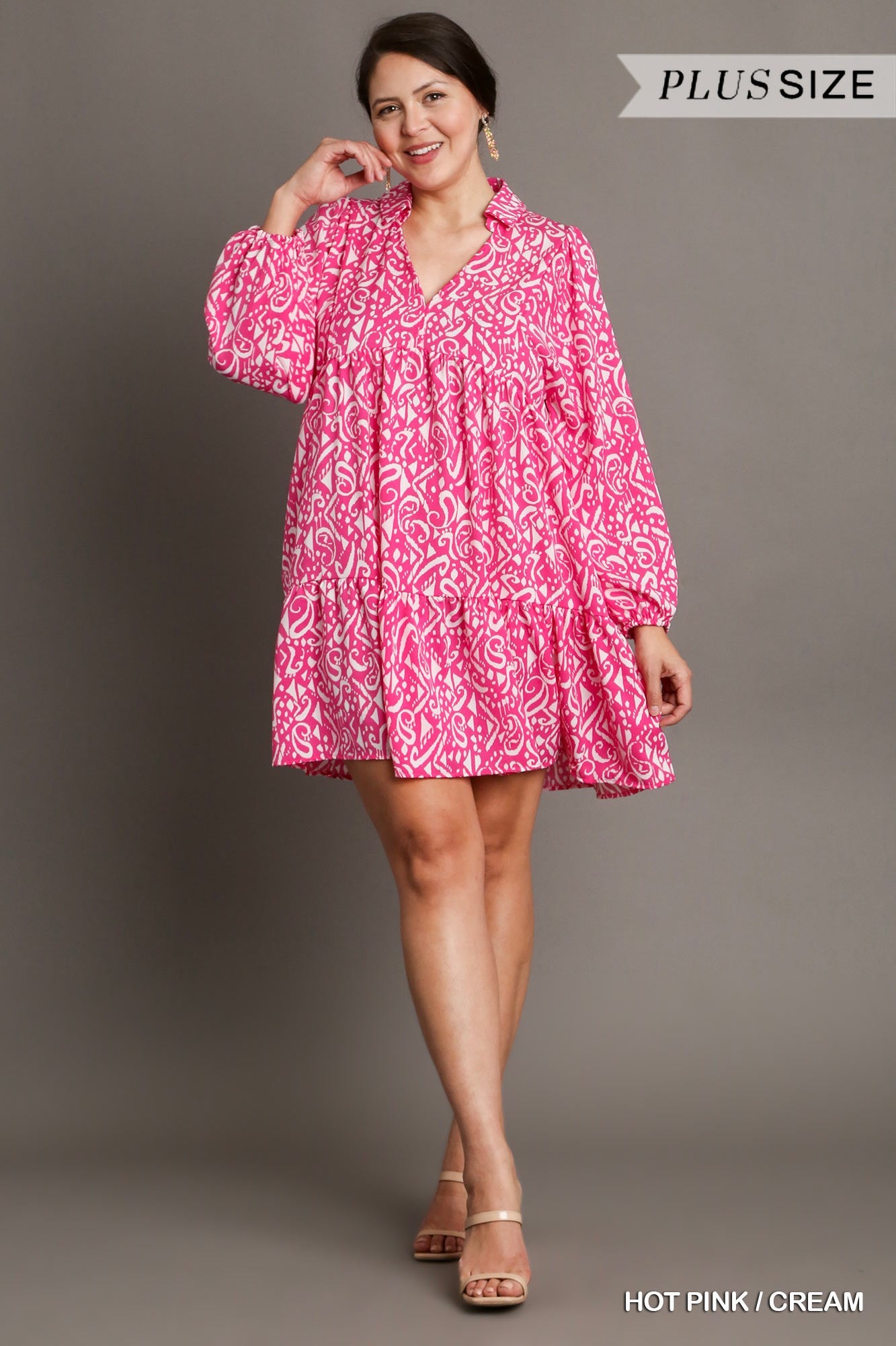 Umgee Plus Two Tone Print Tiered Long Sleeve Collar Dress