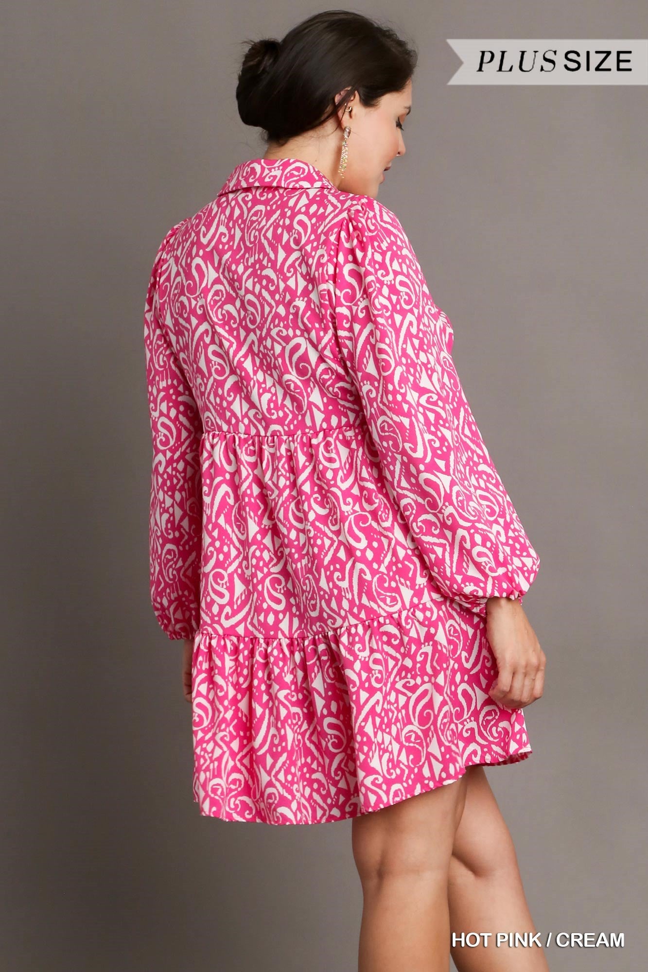 Umgee Plus Two Tone Print Tiered Long Sleeve Collar Dress